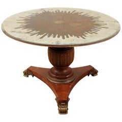 Custom Table with Verre Églomisé Sunburst Mirror Top over Carved Pedestal Base