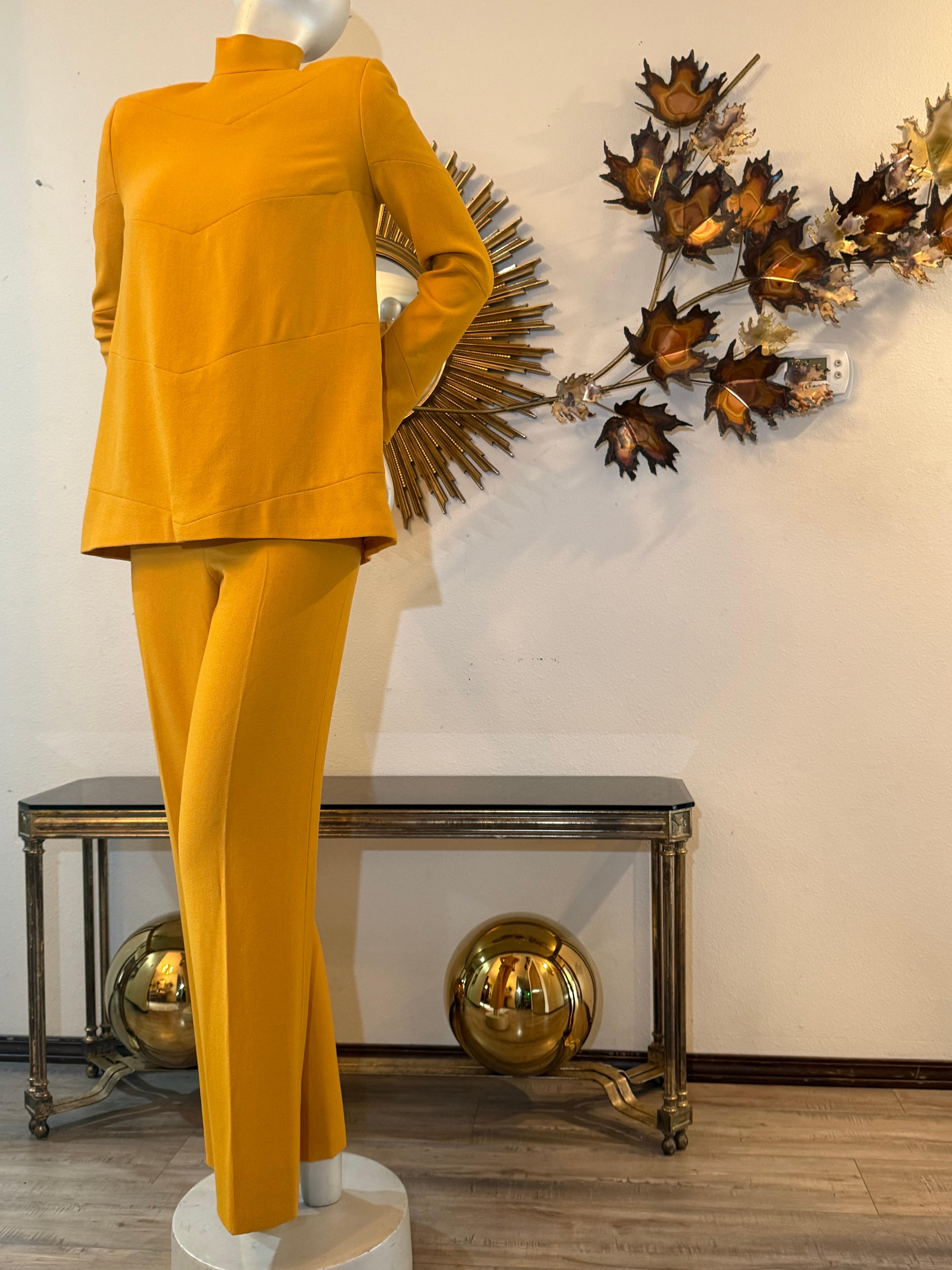 Custom-Tailored Marigold Lightweight Spring/Summer Wool Crepe Pant Suit;  Two pieces in a great weight of wool crepe suitable for spring weather!  This Mod-Inspired tunic top with a high banded neck, snap and zip closure has beautiful subtle seaming