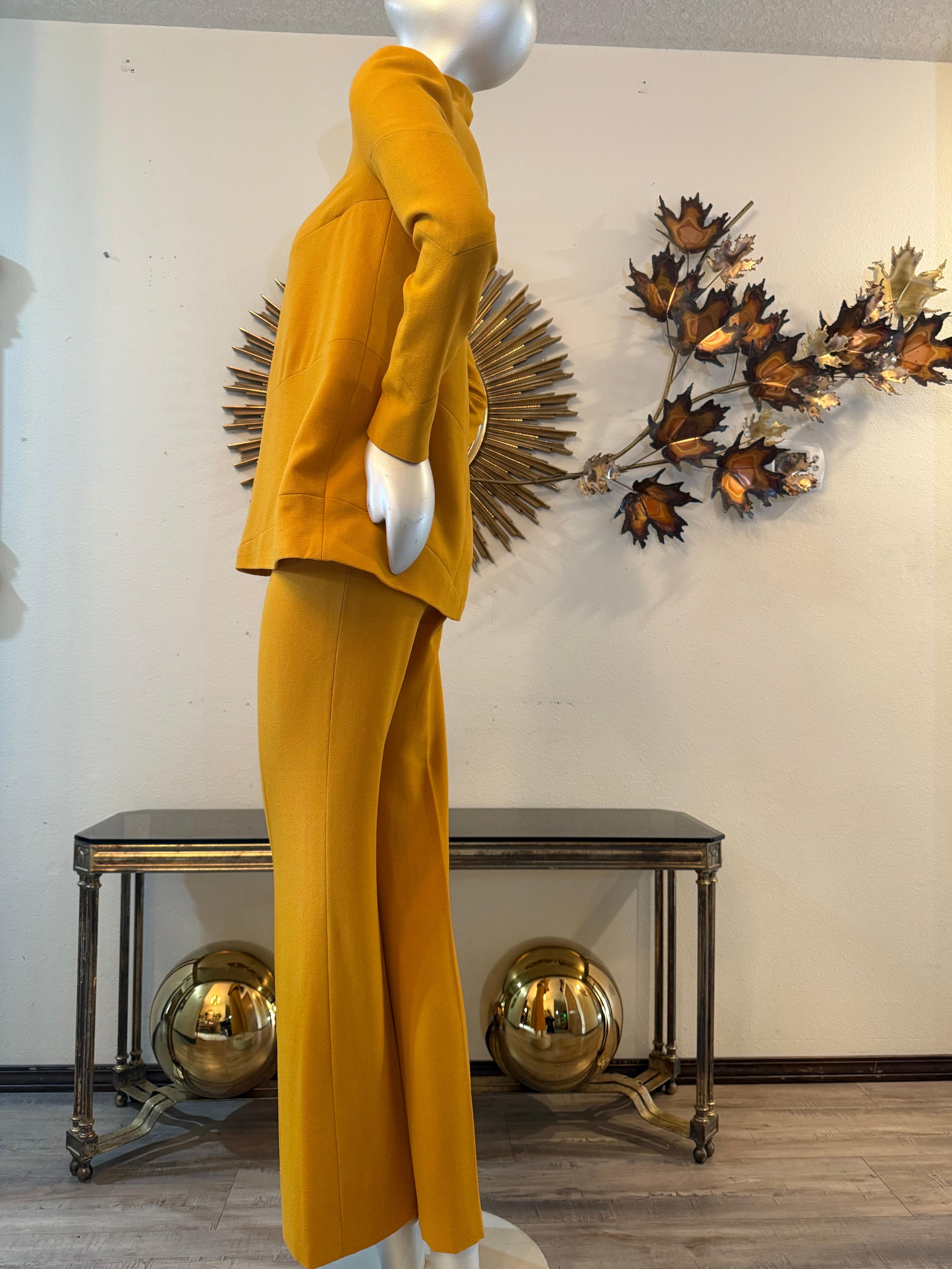 Custom-Tailored Marigold Lightweight Spring/Summer Wool Crepe Pant Suit For Sale 2