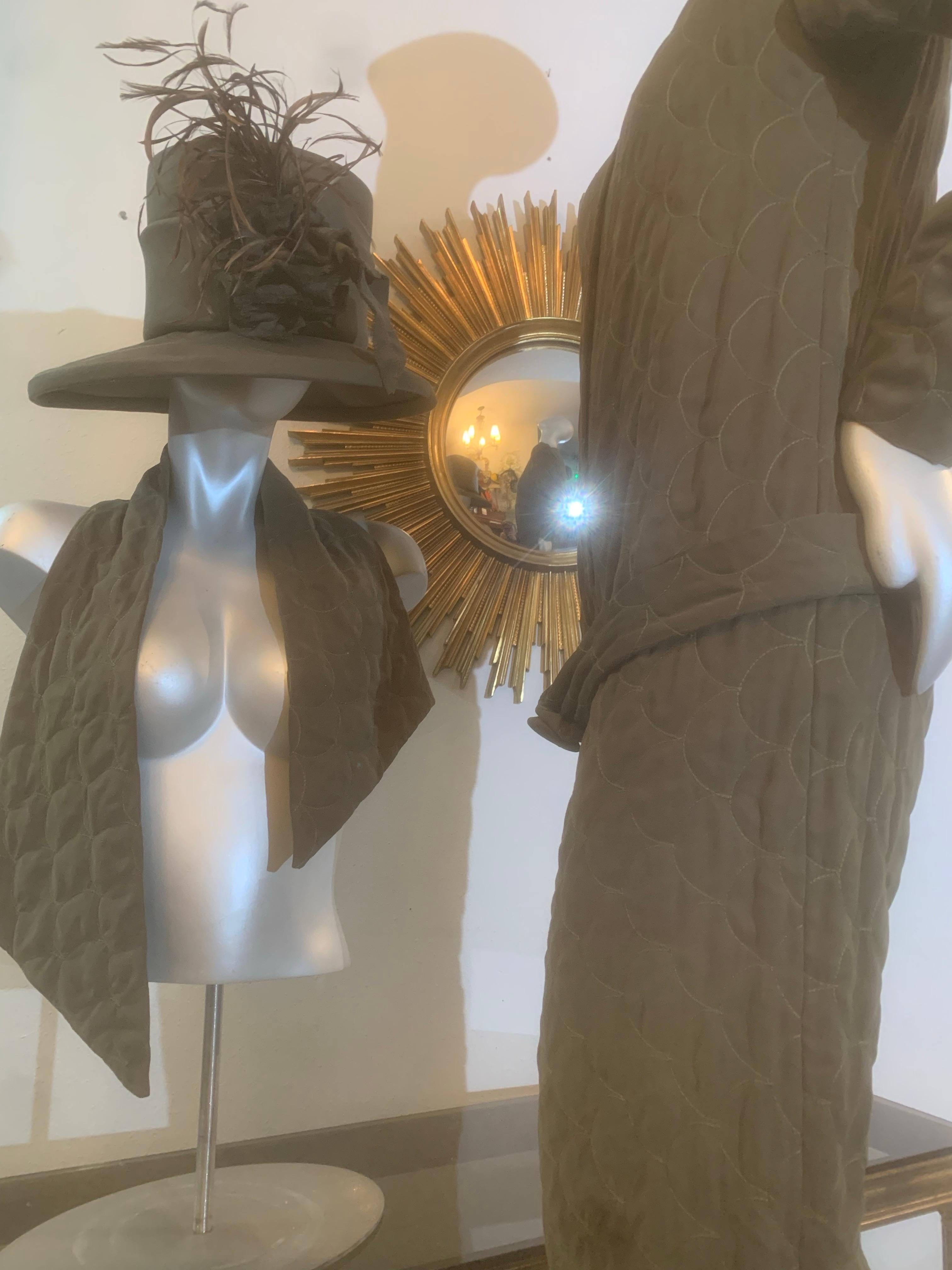 Custom-Tailored Olive Green Ultra-Suede Jumpsuit w Matching Hat & Scarf For Sale 5