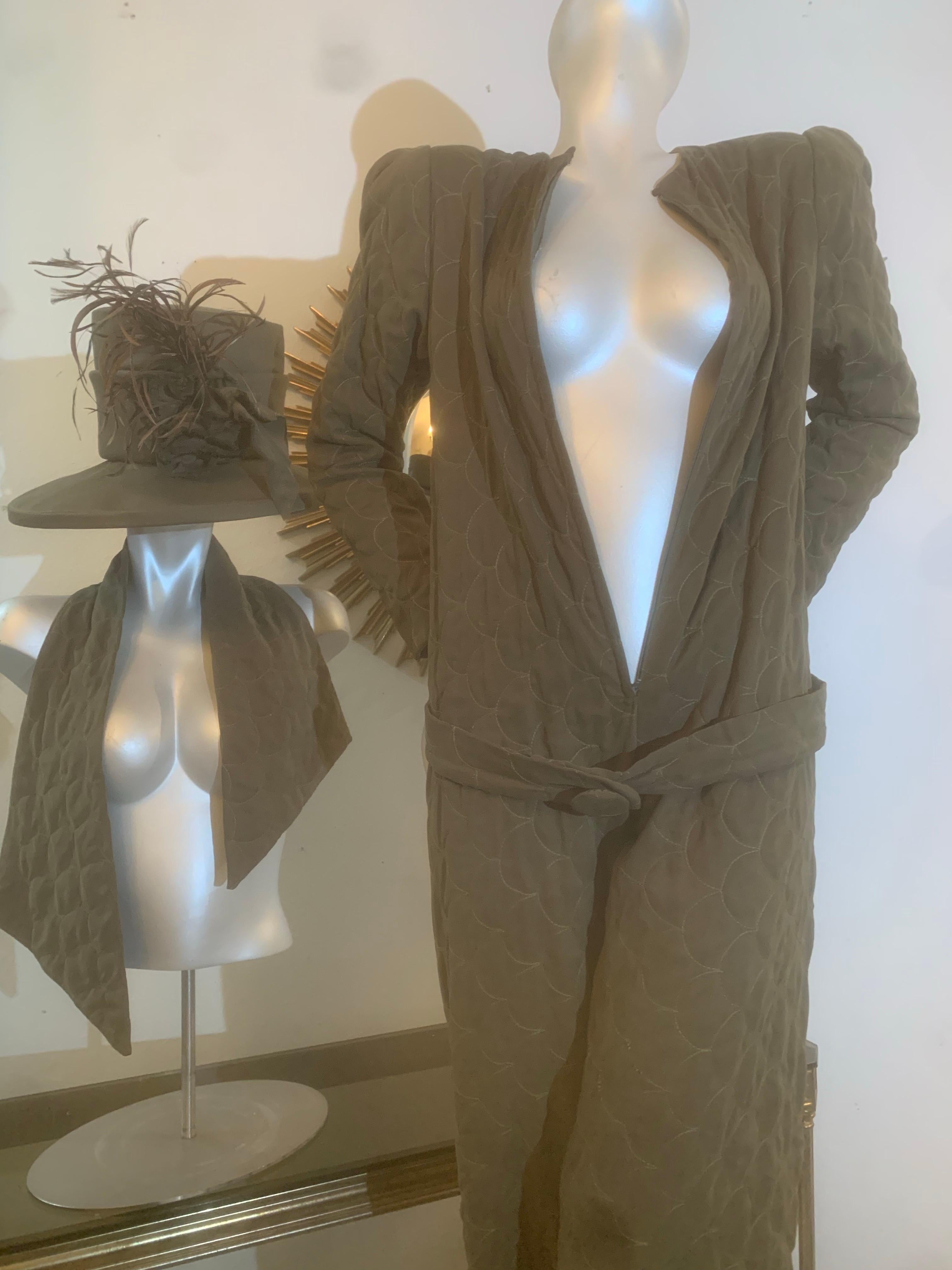 Custom-Tailored Olive Green Ultra-Suede Jumpsuit w Matching Hat & Scarf For Sale 6