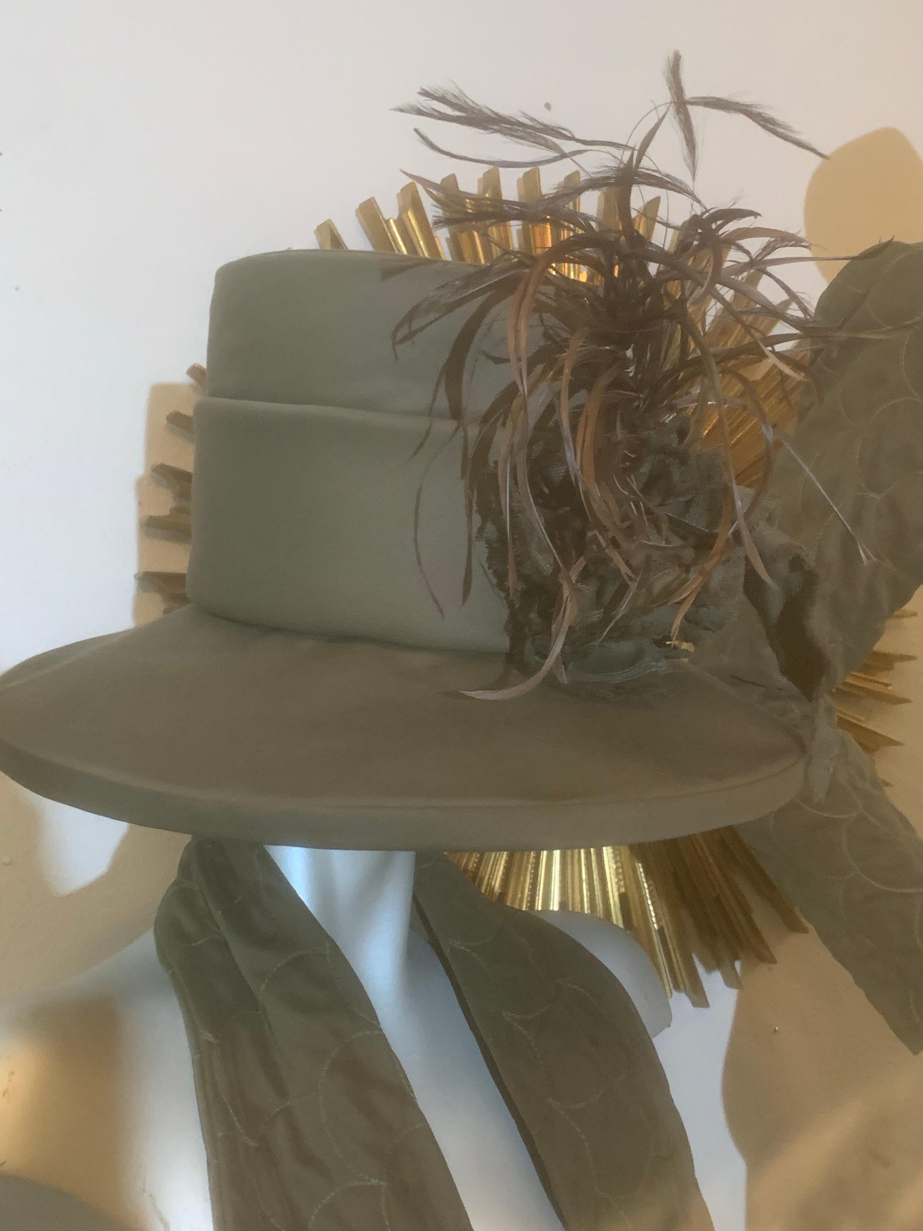 Custom-Tailored Olive Green Ultra-Suede Jumpsuit w Matching Hat & Scarf For Sale 8