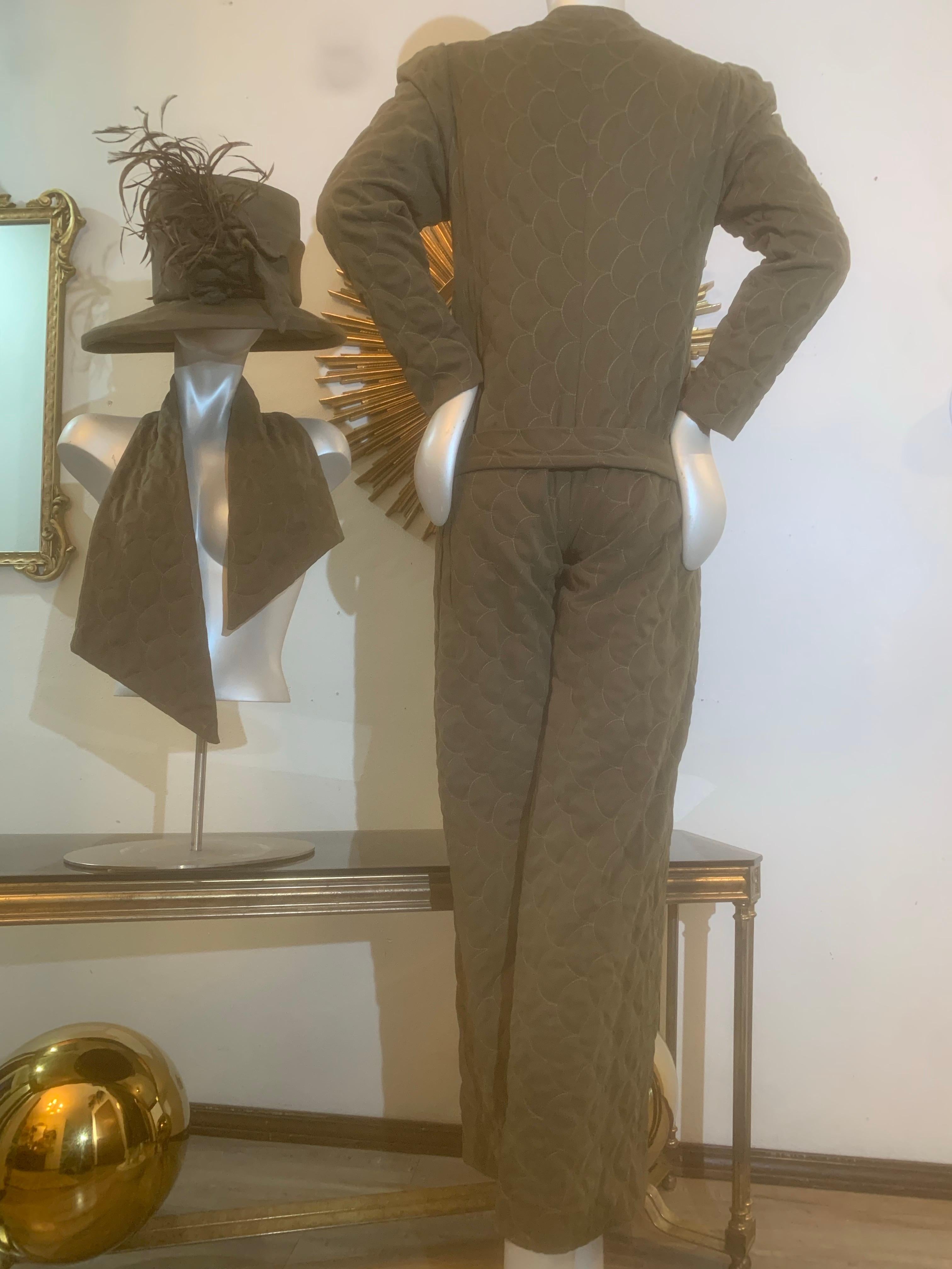 Brown Custom-Tailored Olive Green Ultra-Suede Jumpsuit w Matching Hat & Scarf For Sale