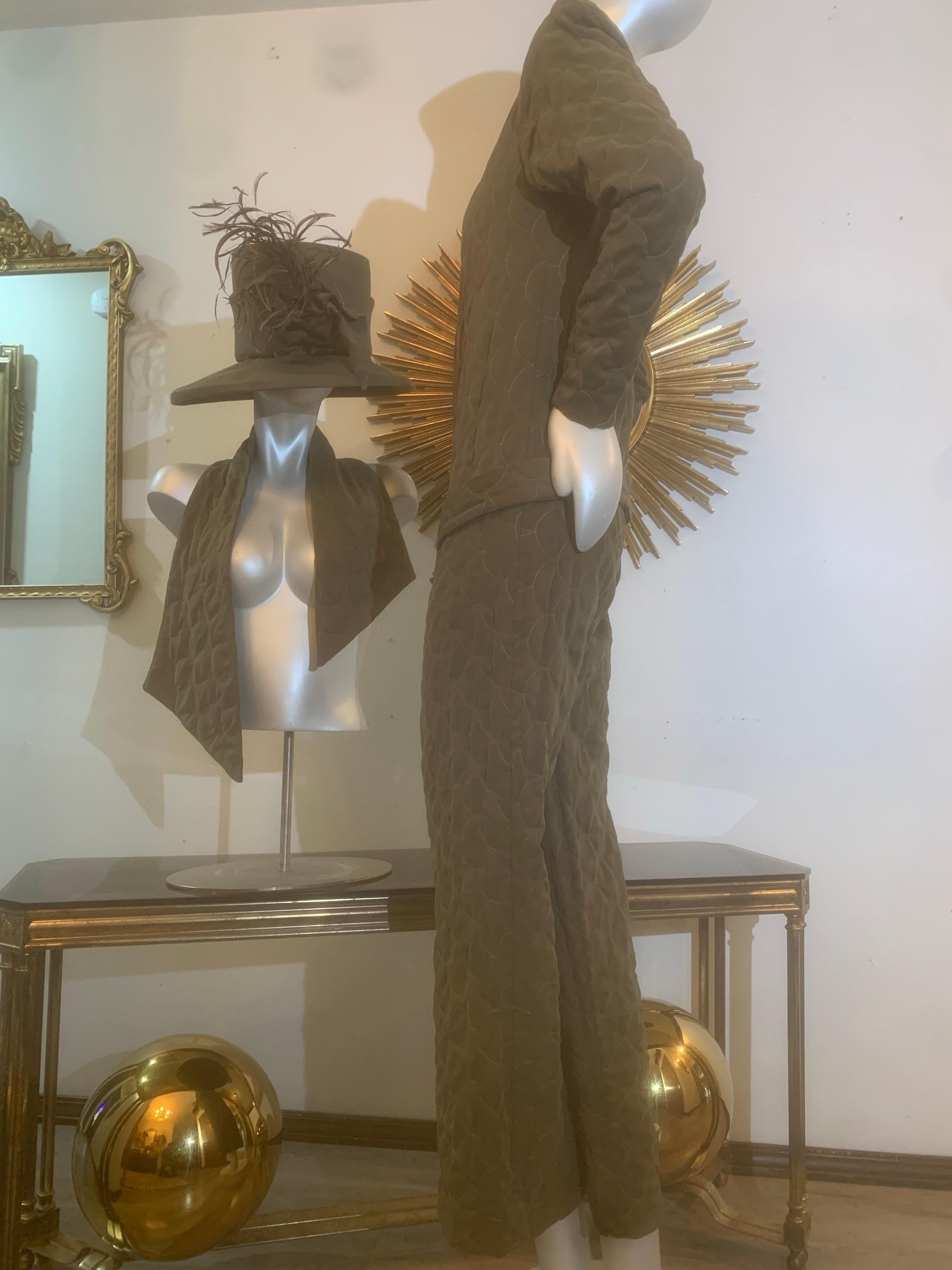Custom-Tailored Olive Green Ultra-Suede Jumpsuit w Matching Hat & Scarf In Excellent Condition For Sale In Gresham, OR