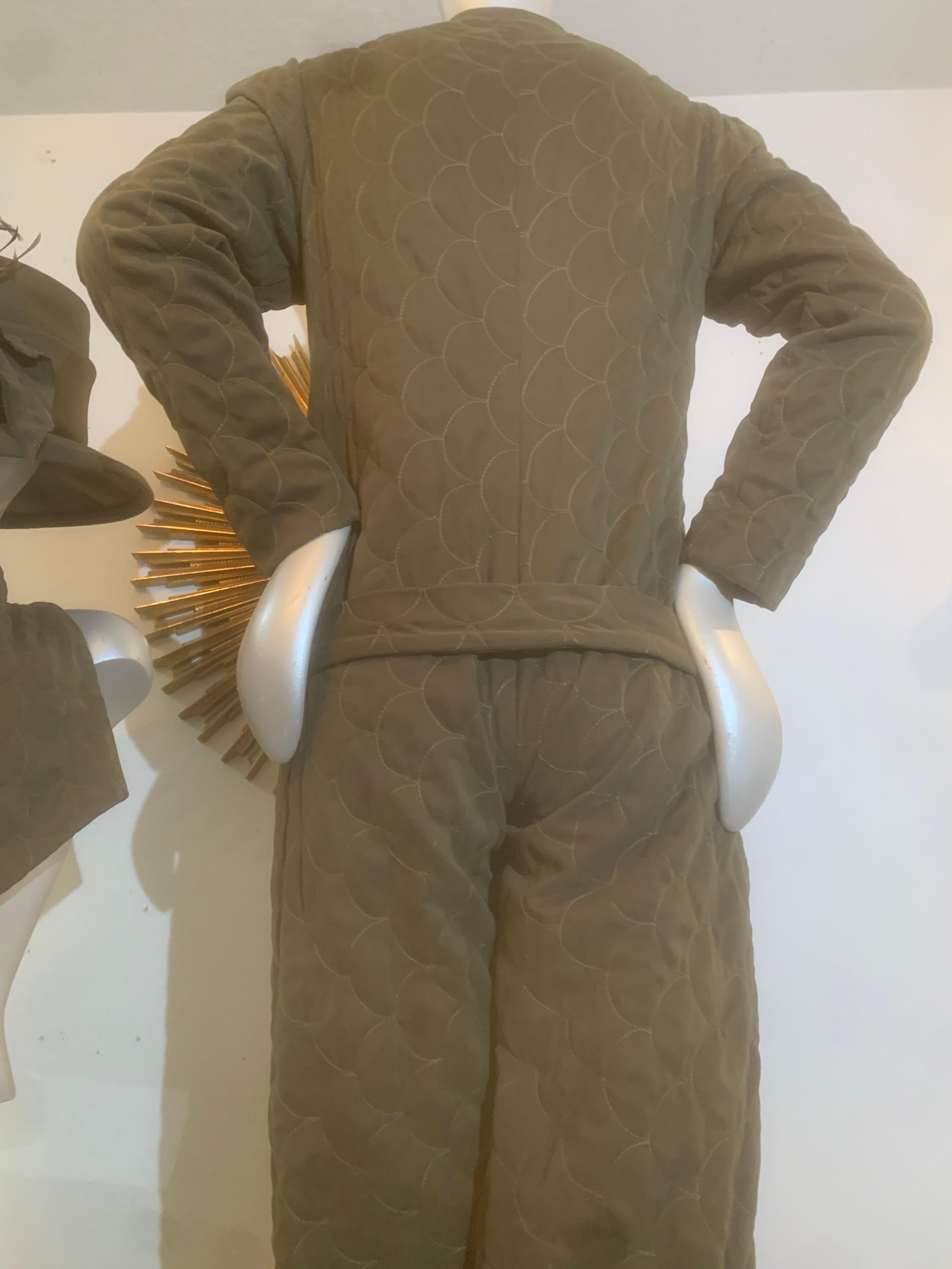 Custom-Tailored Olive Green Ultra-Suede Jumpsuit w Matching Hat & Scarf For Sale 1