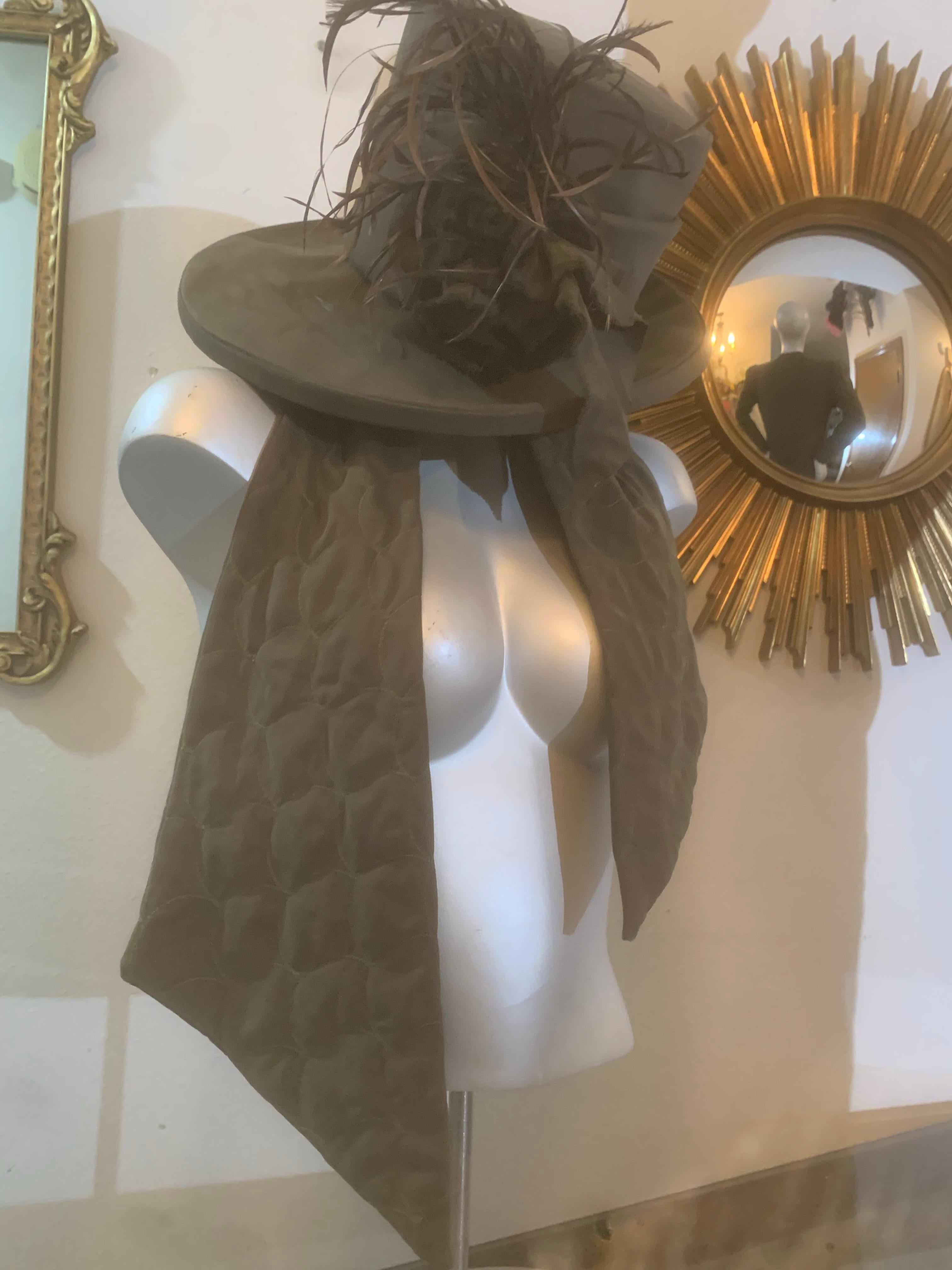 Custom-Tailored Olive Green Ultra-Suede Jumpsuit w Matching Hat & Scarf For Sale 2