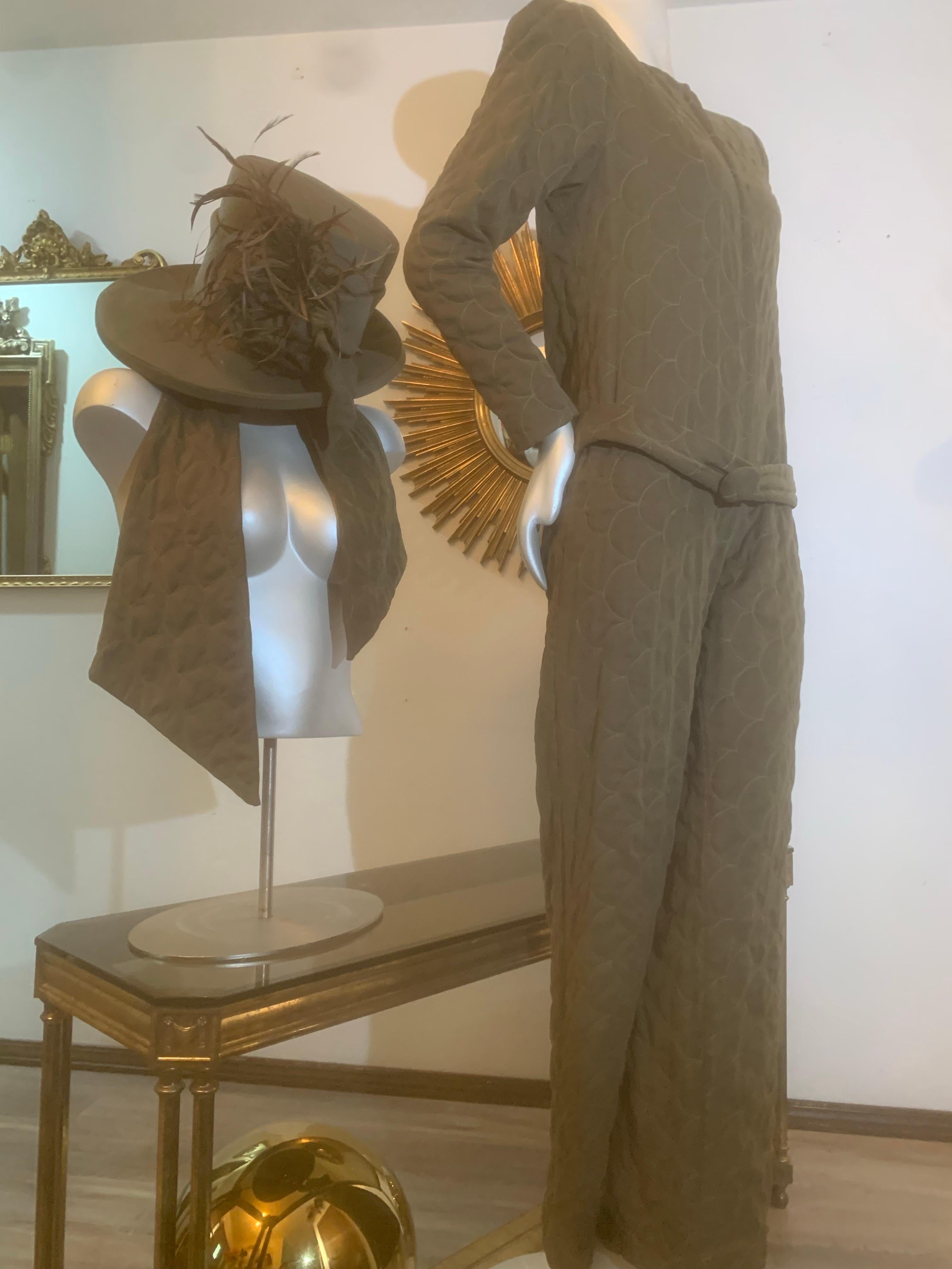 Custom-Tailored Olive Green Ultra-Suede Jumpsuit w Matching Hat & Scarf For Sale 4