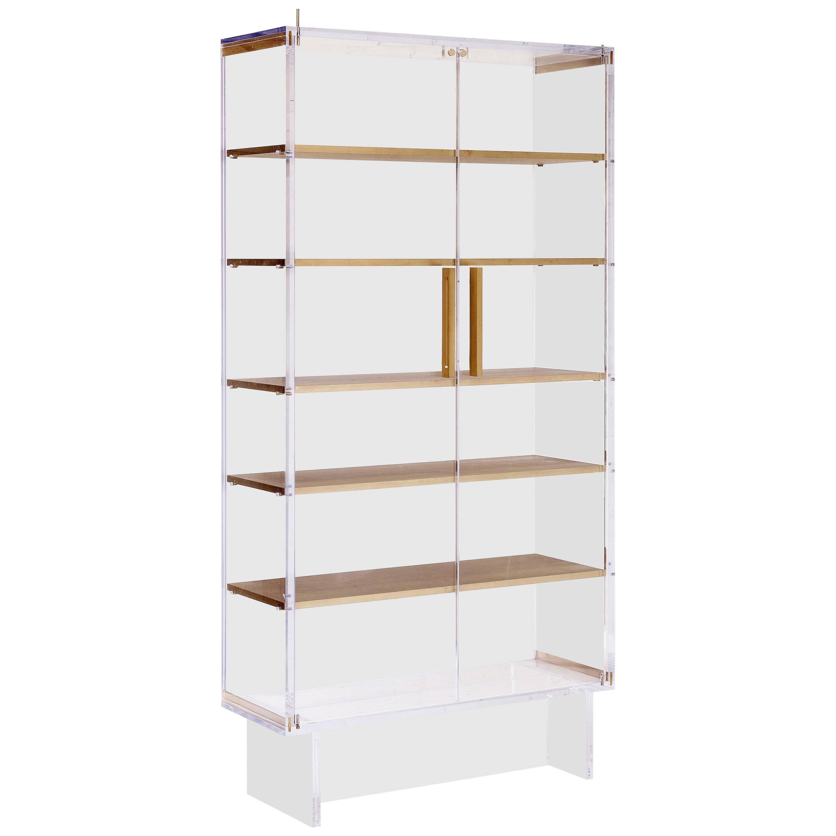 Custom Tall Lucite Cabinet with Brass Shelves