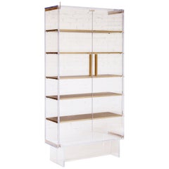 Custom Tall Lucite Cabinet with Brass Shelves