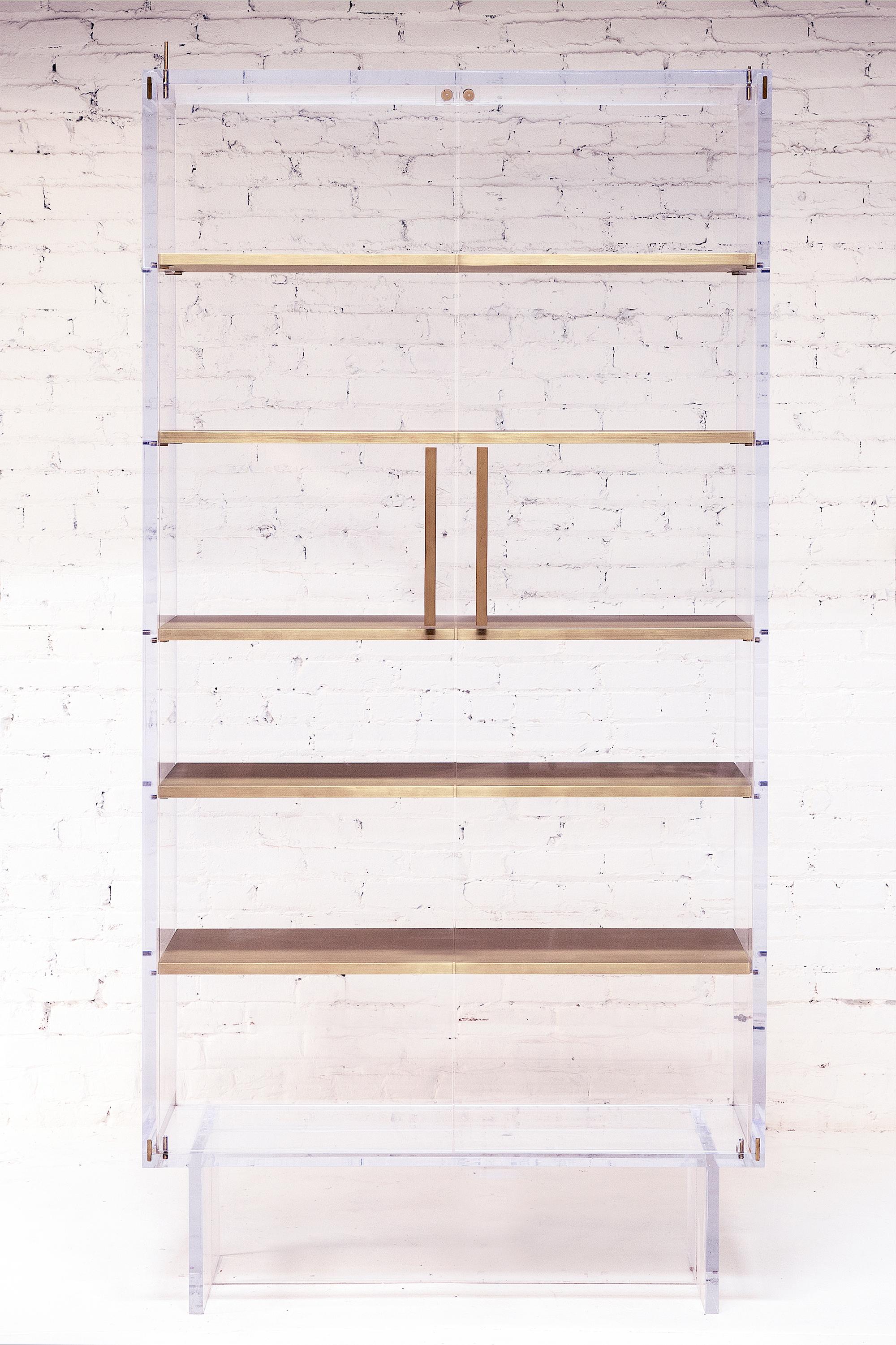 American Custom Tall Lucite Cabinet with Brass Shelves