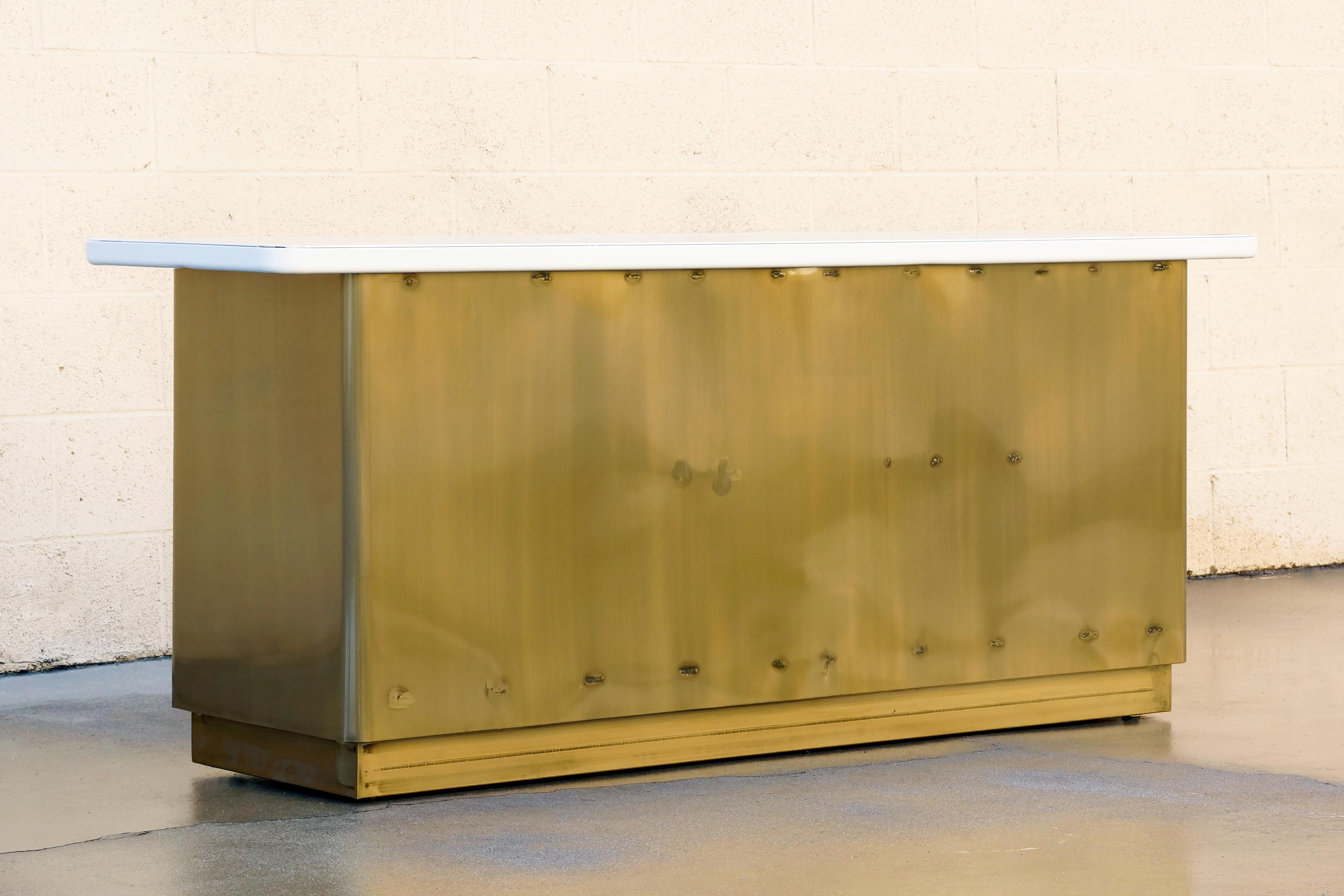 American Custom Tanker Style Steel Credenza in Brass and White Finish For Sale