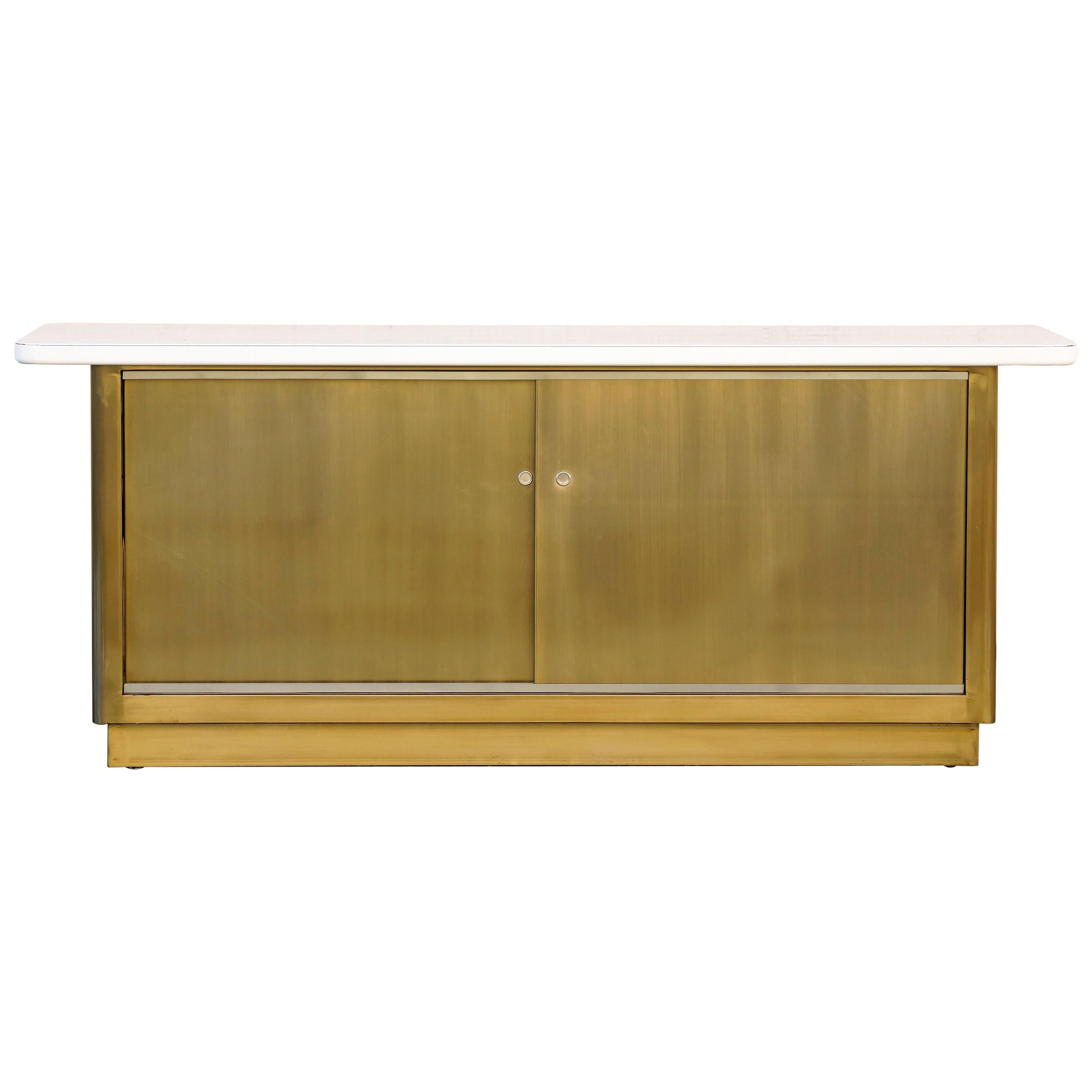 Custom Tanker Style Steel Credenza in Brass and White Finish For Sale