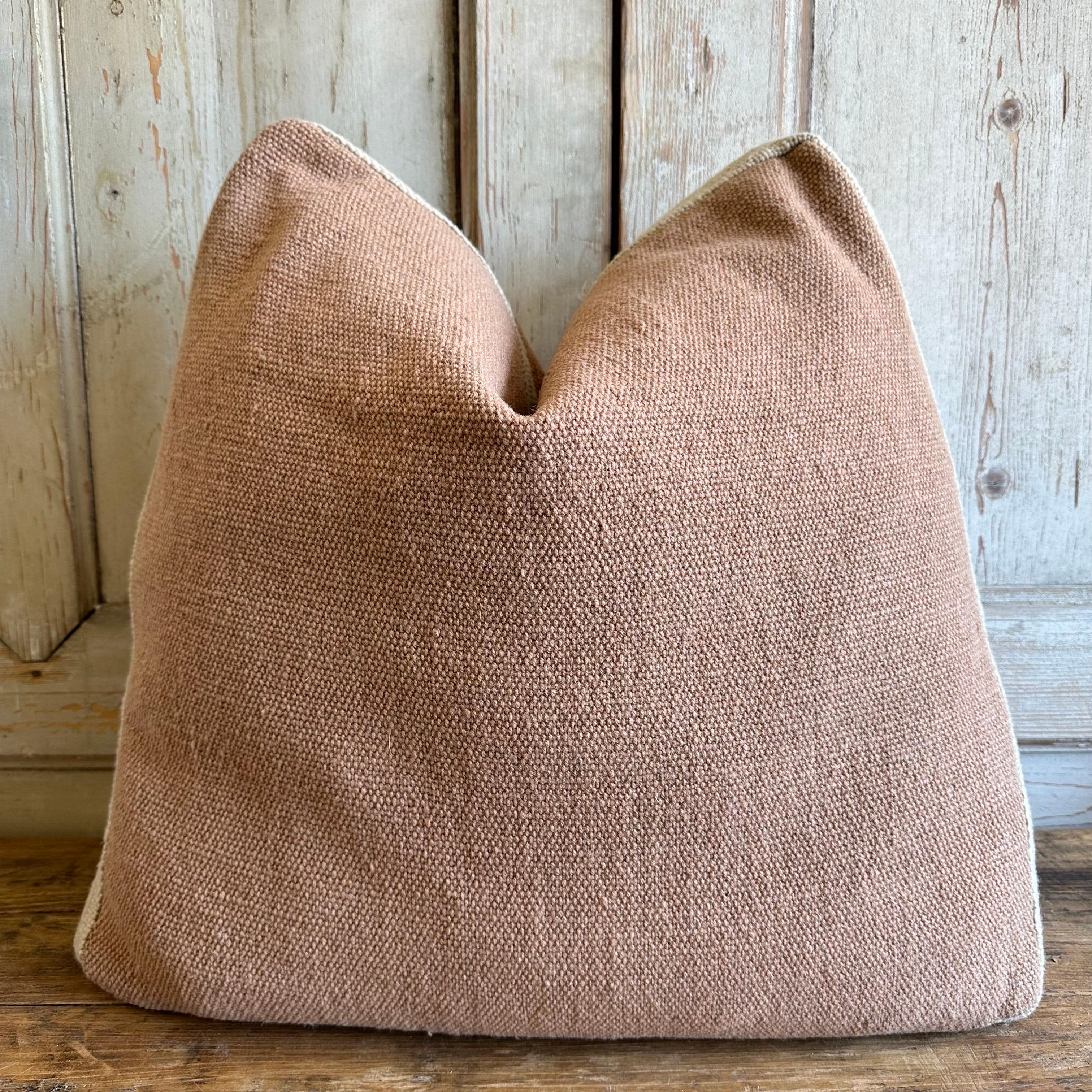 Custom Thick Woven Wool Box Pillow in Blush Nude and Oatmeal For Sale 1