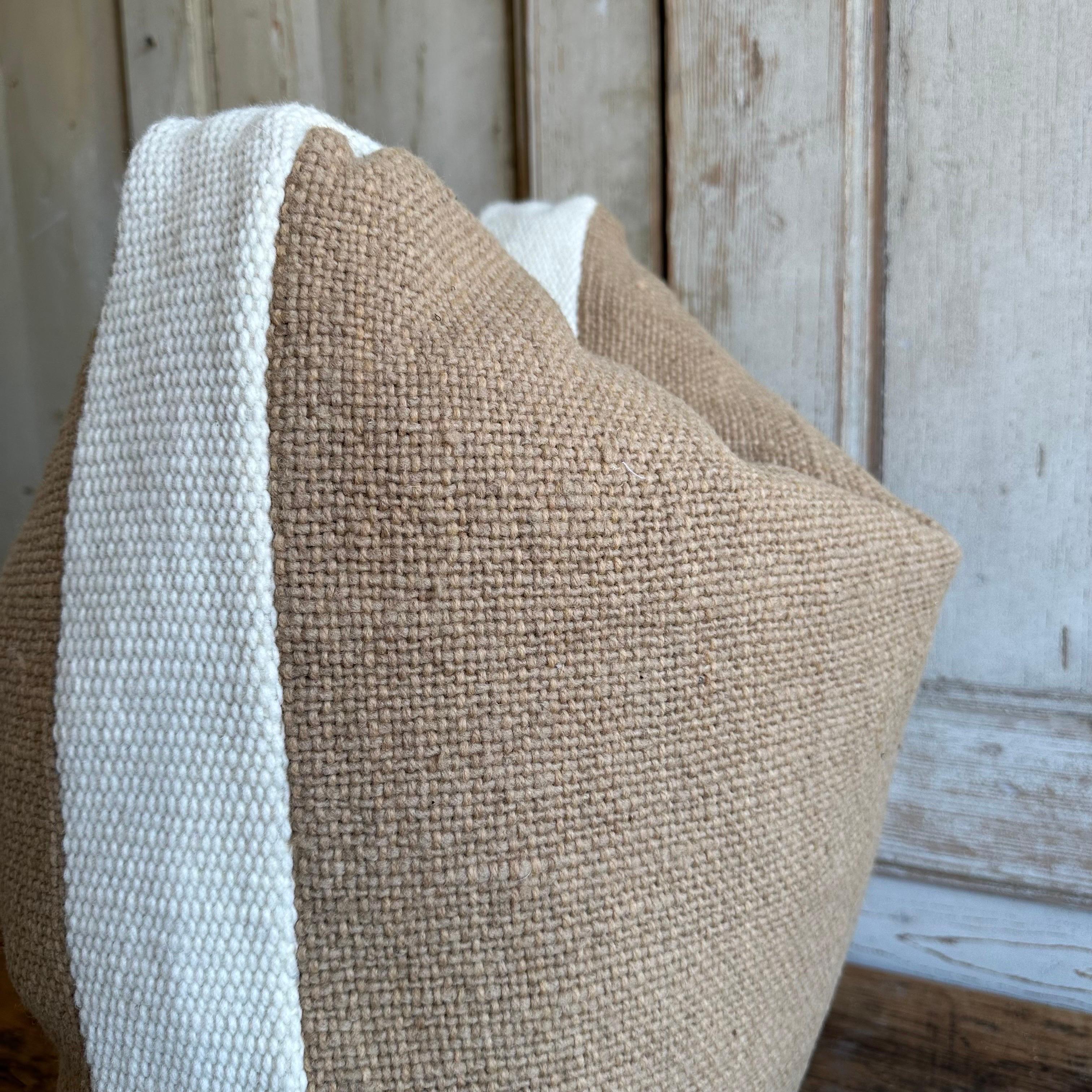 Organic Modern Custom Thick Woven Wool Box Pillow in Natural Apricot and Ivory For Sale