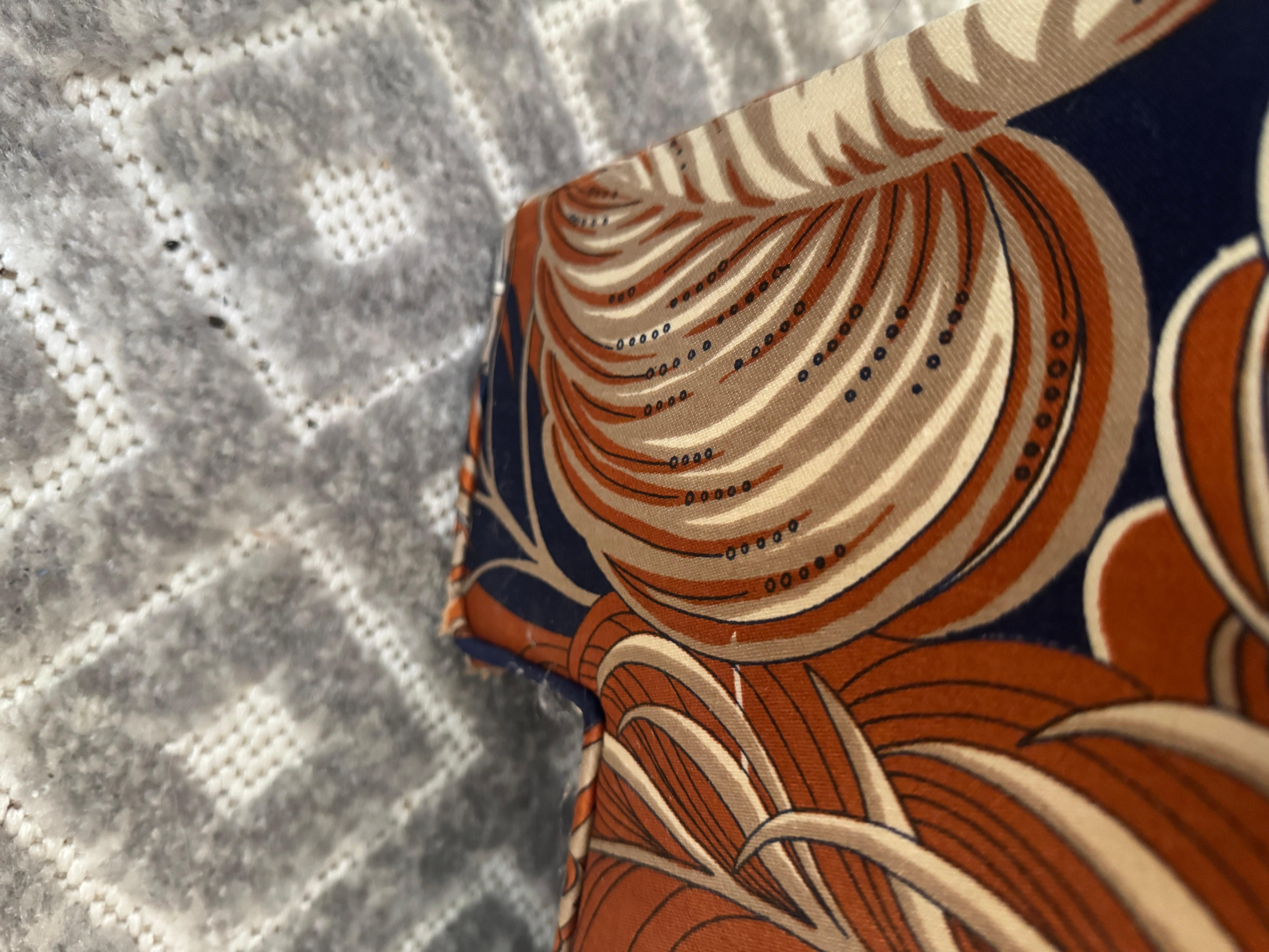 Custom Three-Seat Sofa in Terracotta and Indigo Art Deco Revival Pattern For Sale 4