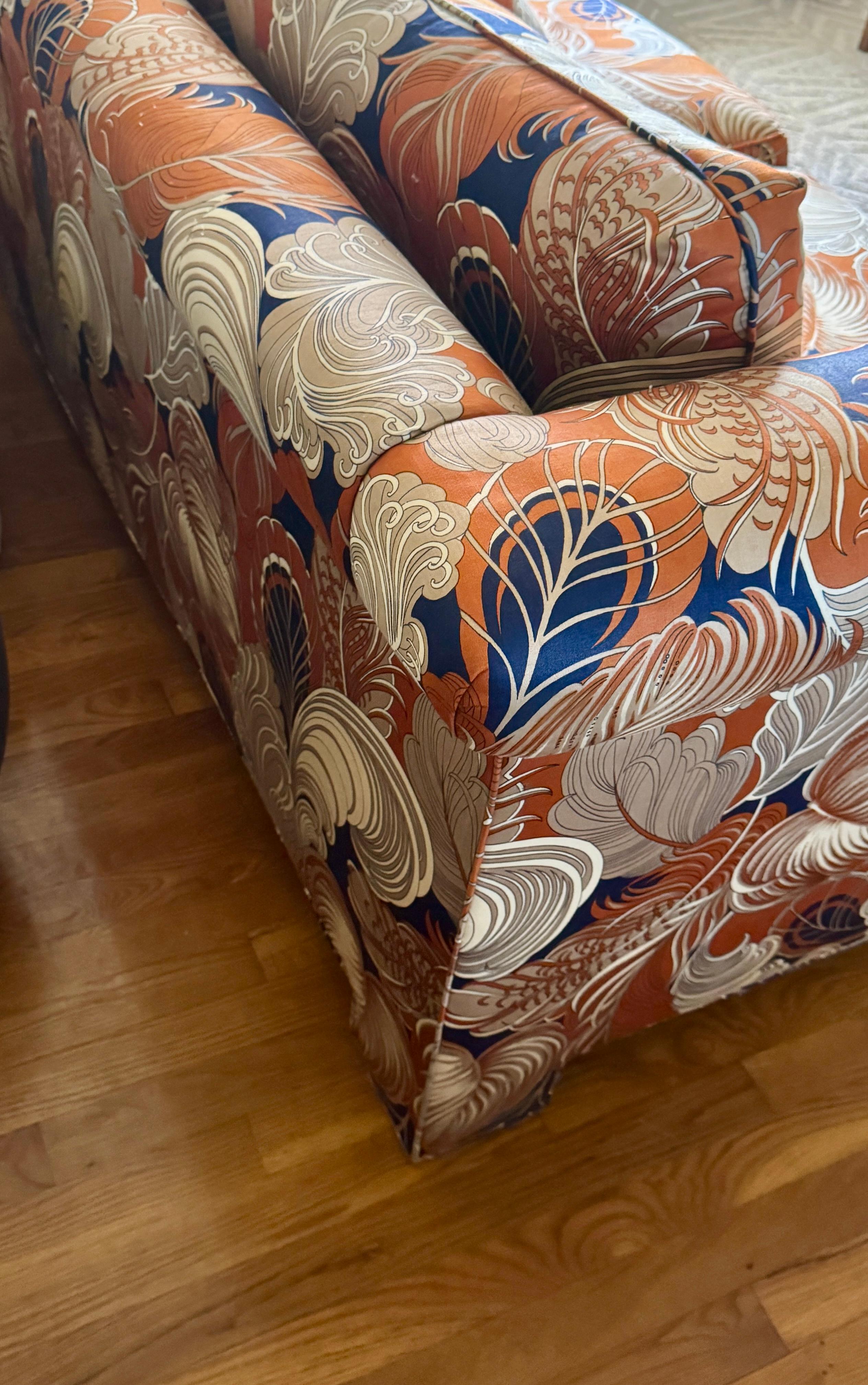 Custom Three-Seat Sofa in Terracotta and Indigo Art Deco Revival Pattern For Sale 5