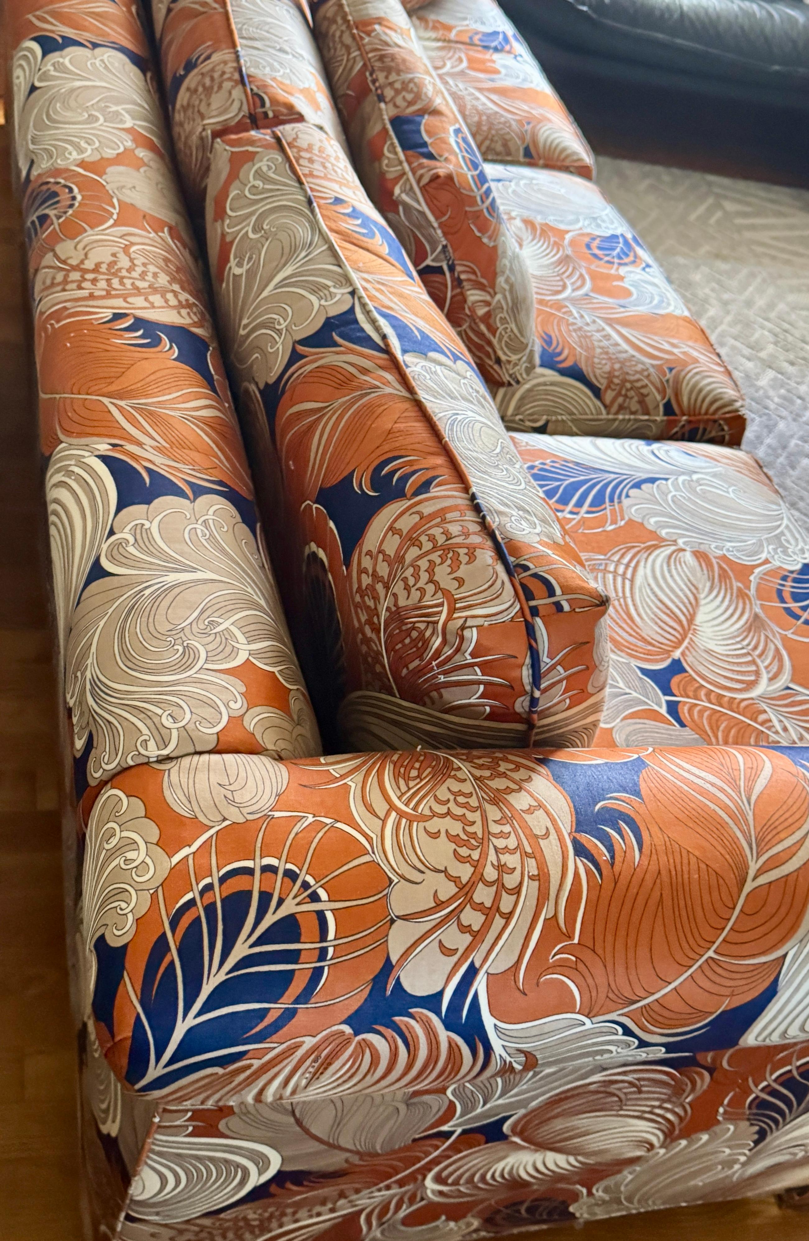 Custom Three-Seat Sofa in Terracotta and Indigo Art Deco Revival Pattern For Sale 6