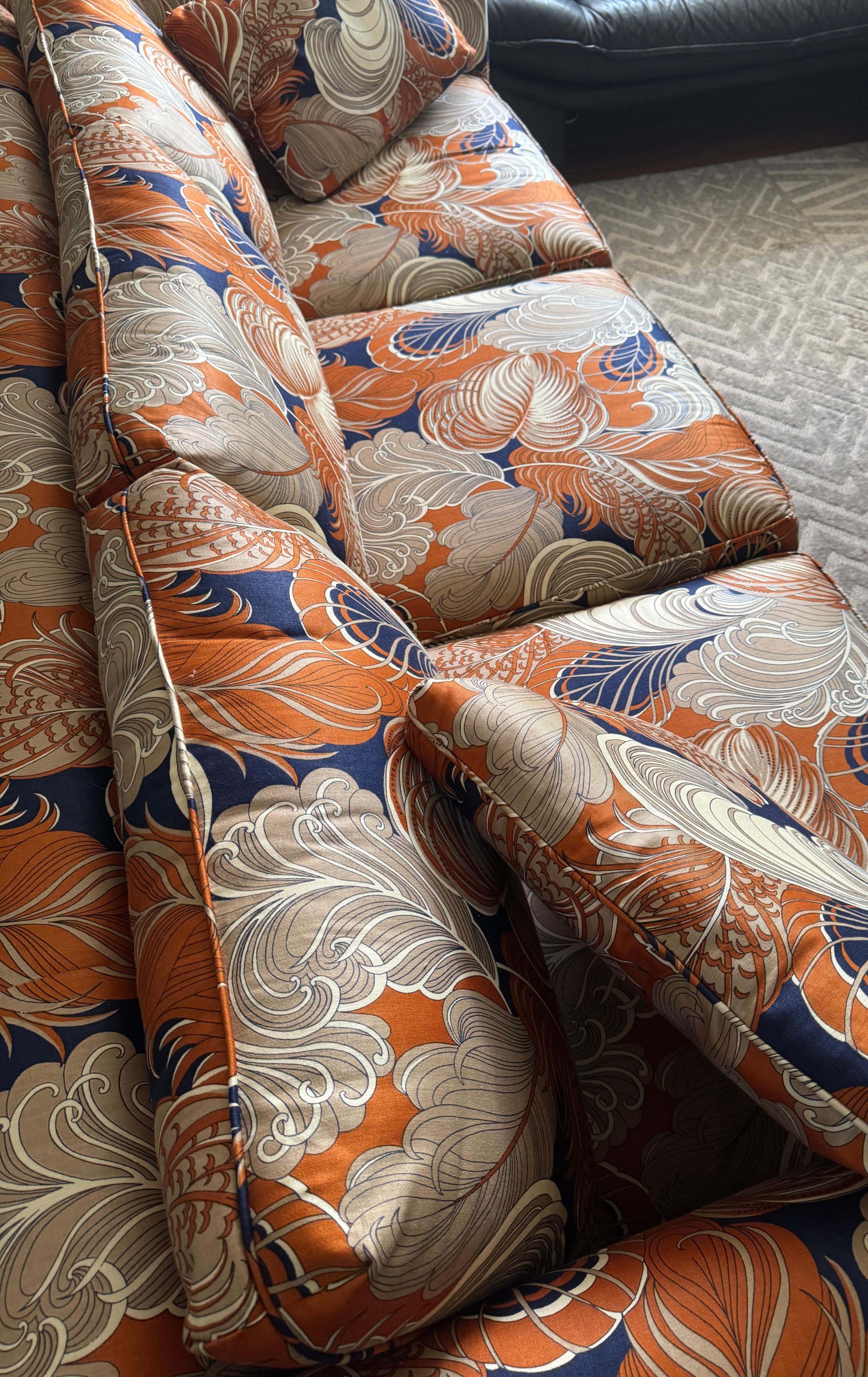 Custom Three-Seat Sofa in Terracotta and Indigo Art Deco Revival Pattern For Sale 7