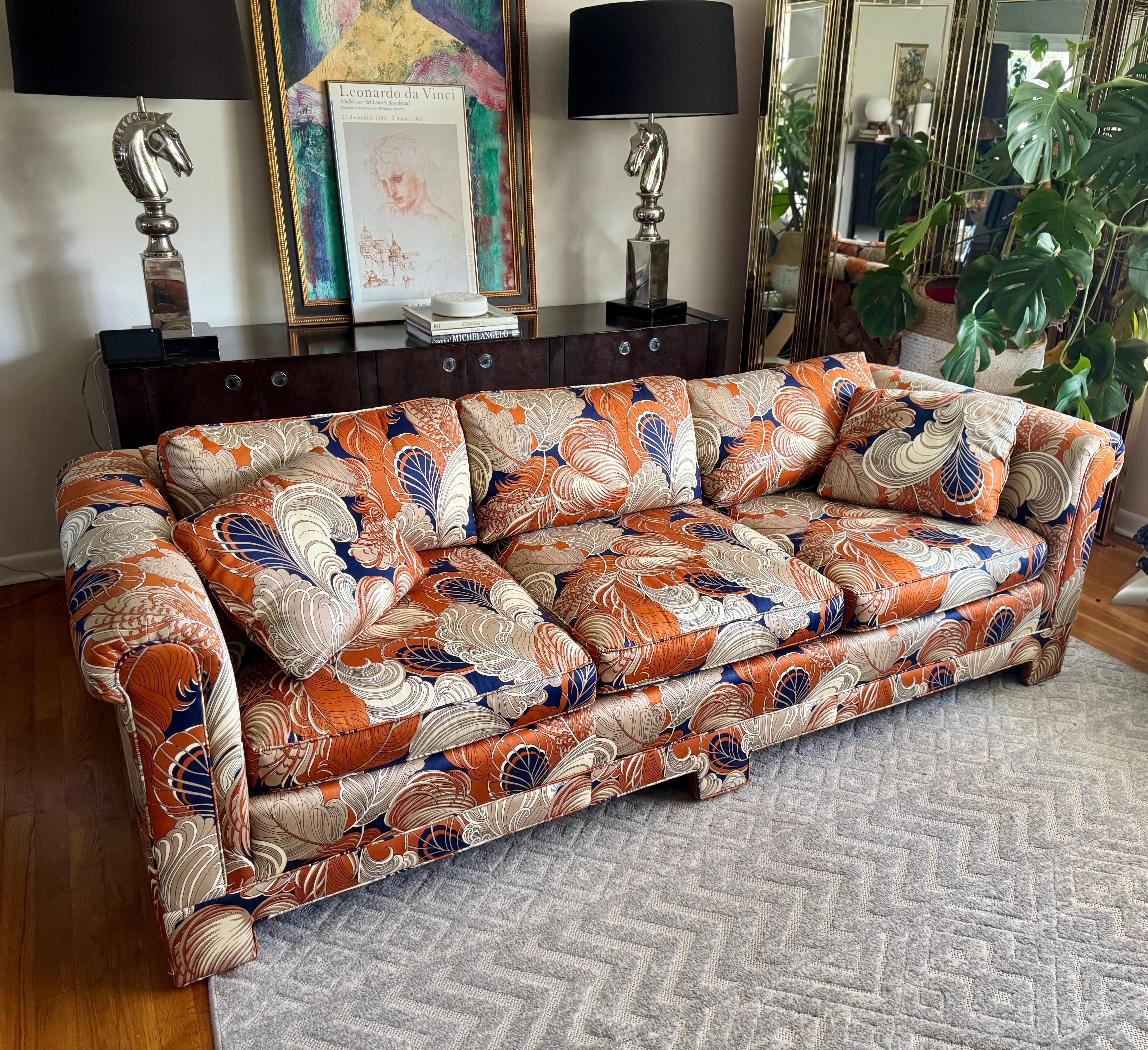 Post-Modern Custom Three-Seat Sofa in Terracotta and Indigo Art Deco Revival Pattern For Sale