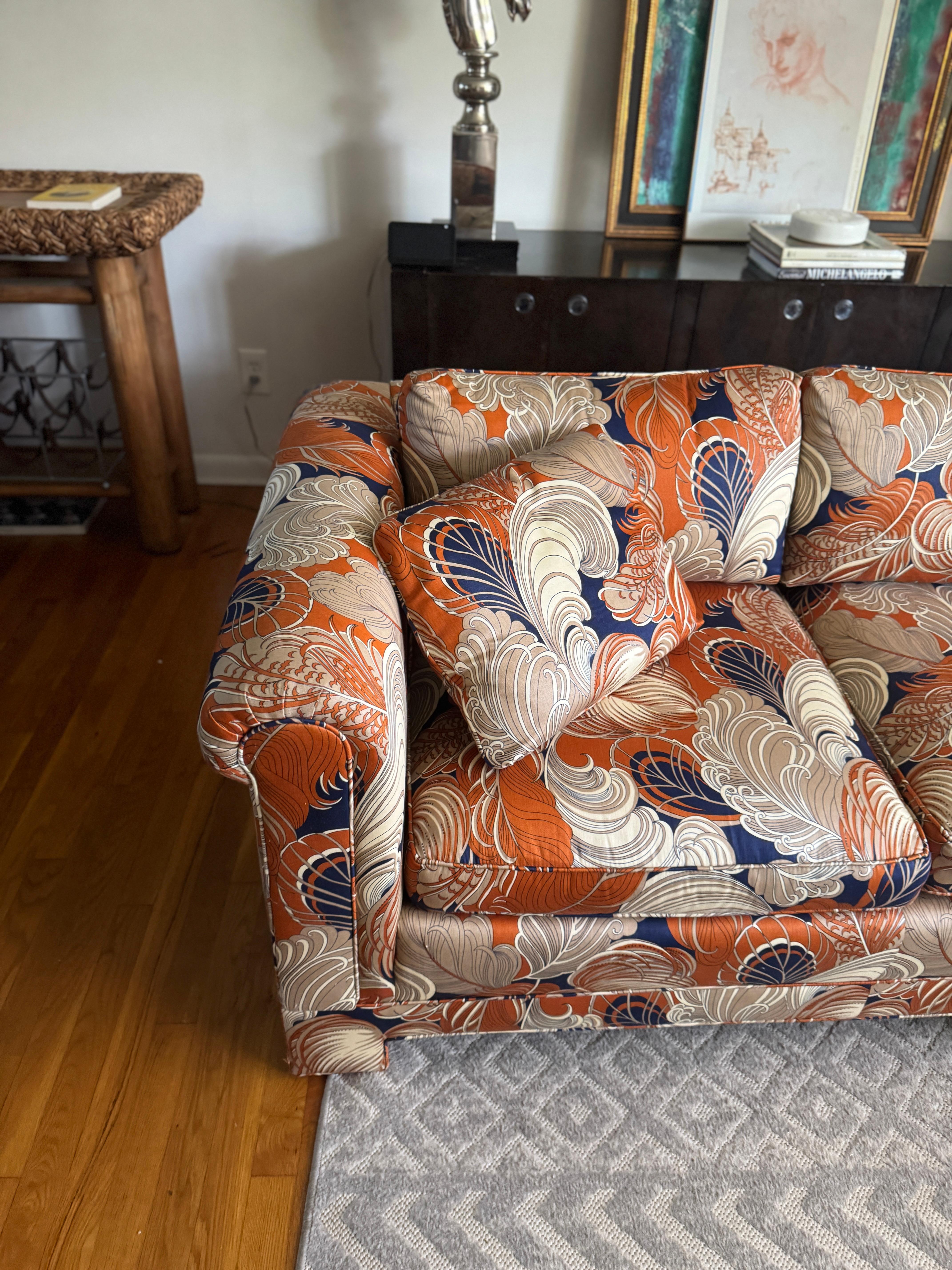 American Custom Three-Seat Sofa in Terracotta and Indigo Art Deco Revival Pattern For Sale