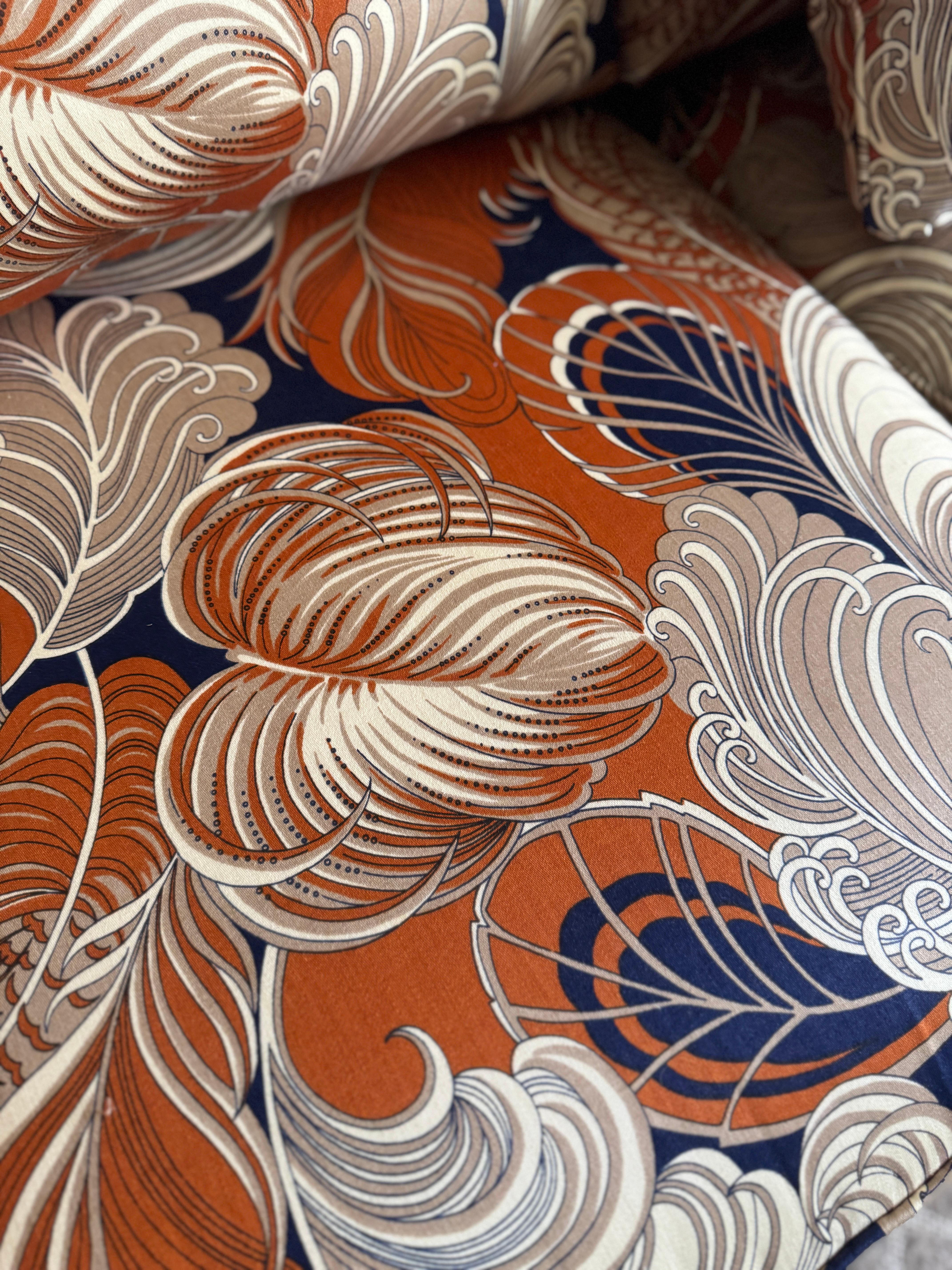 20th Century Custom Three-Seat Sofa in Terracotta and Indigo Art Deco Revival Pattern For Sale