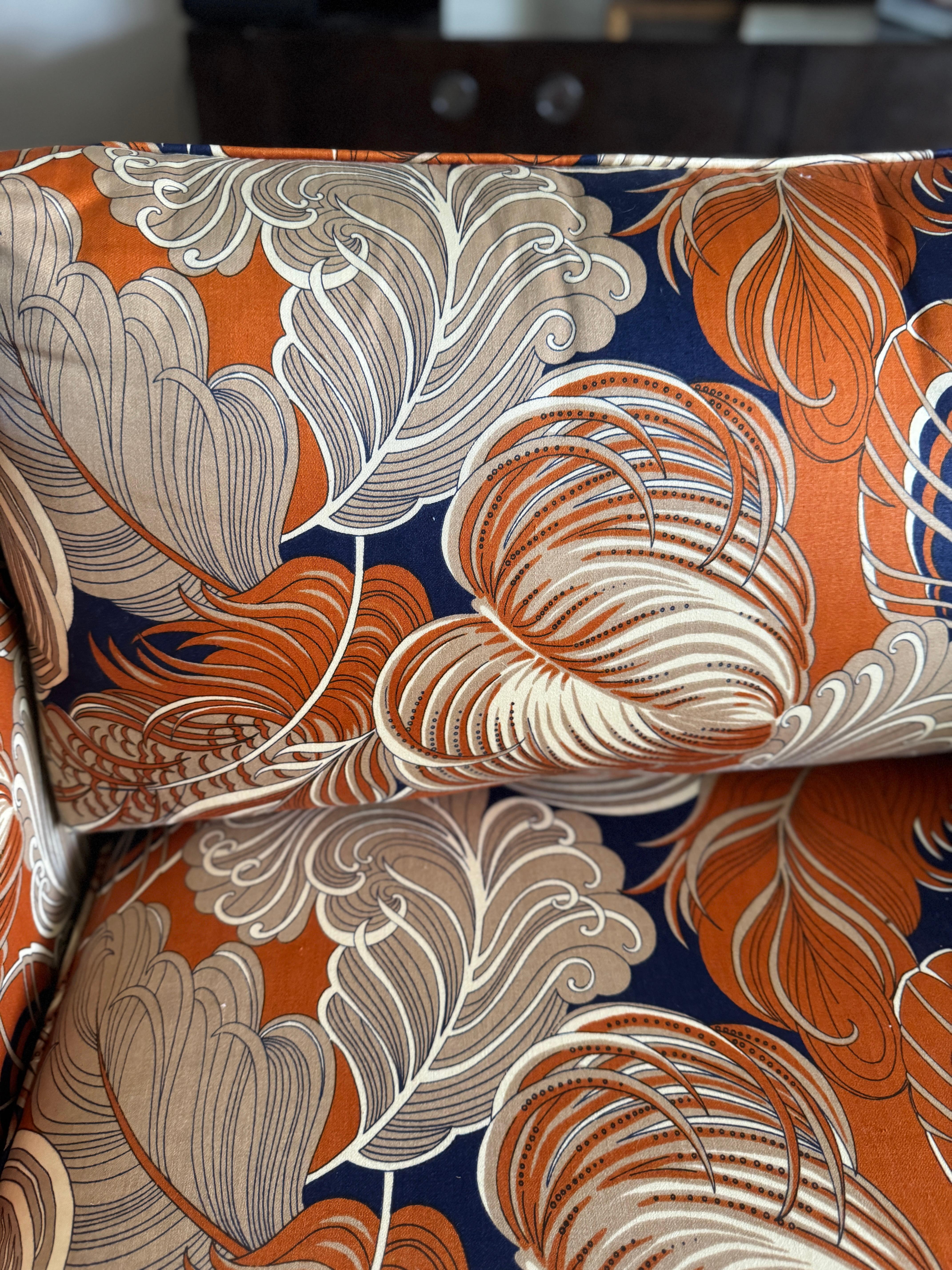 Upholstery Custom Three-Seat Sofa in Terracotta and Indigo Art Deco Revival Pattern For Sale