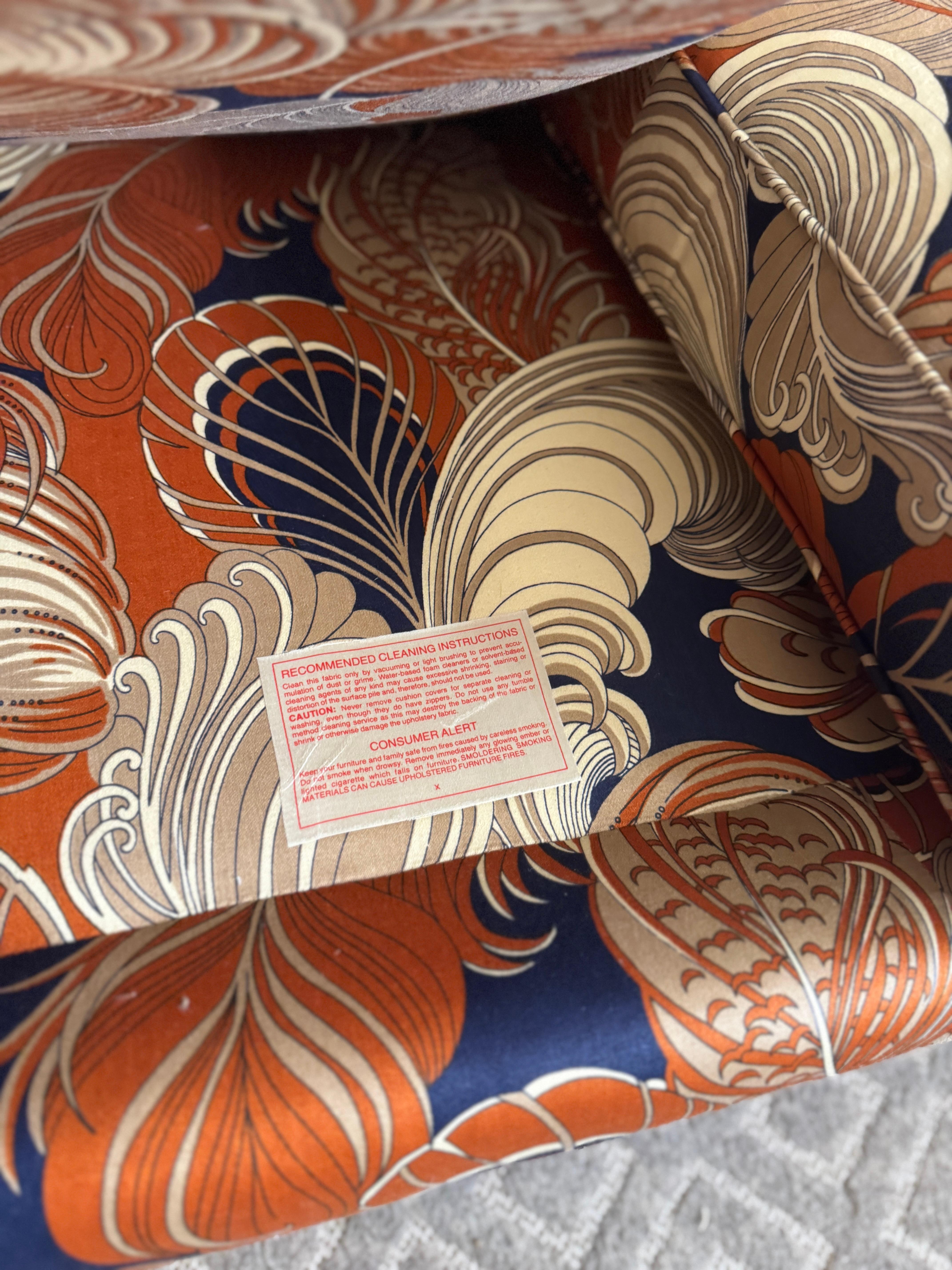 Custom Three-Seat Sofa in Terracotta and Indigo Art Deco Revival Pattern For Sale 1