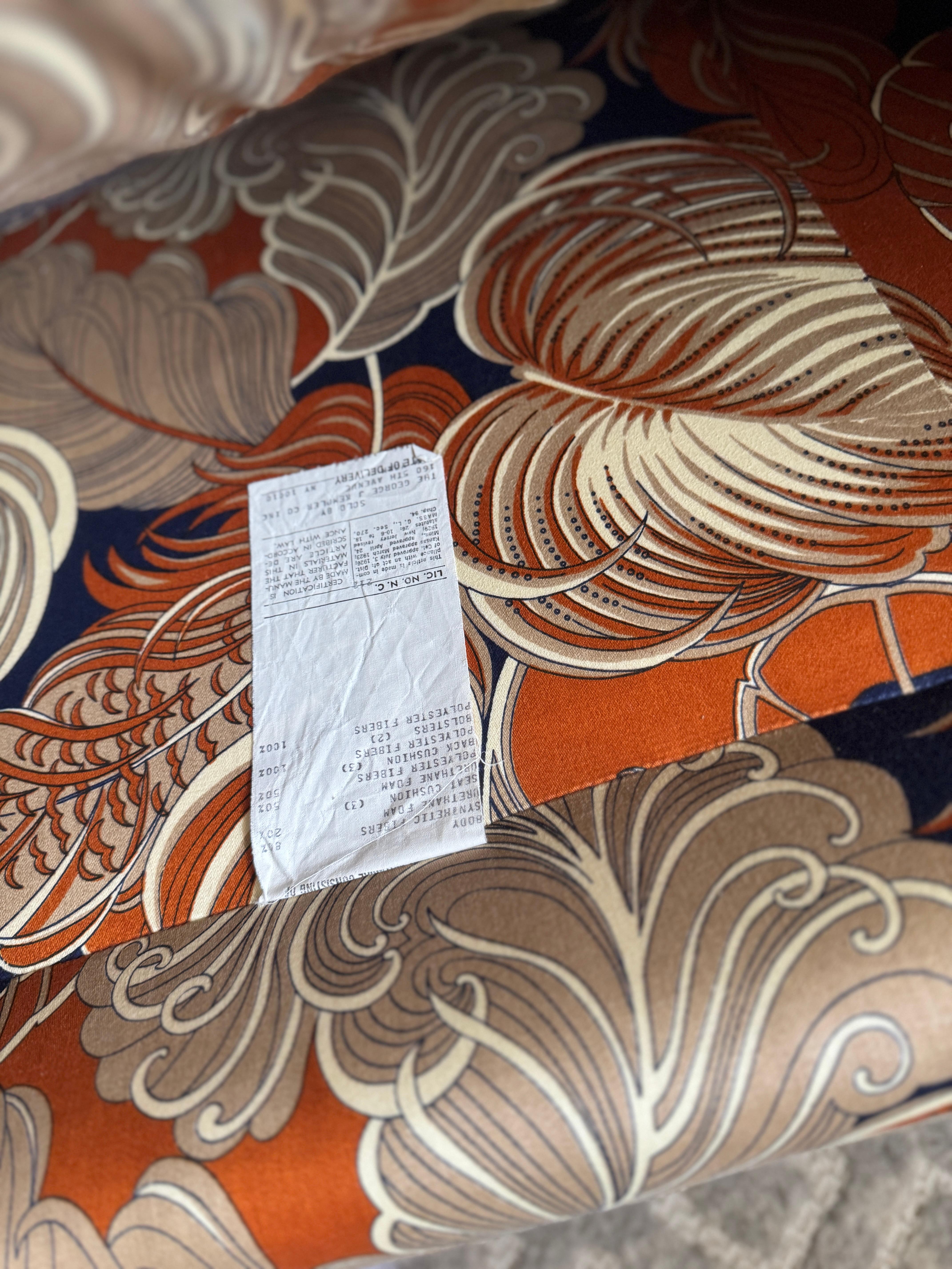 Custom Three-Seat Sofa in Terracotta and Indigo Art Deco Revival Pattern For Sale 2