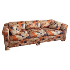 Custom Three-Seat Sofa in Terracotta and Indigo Art Deco Revival Pattern