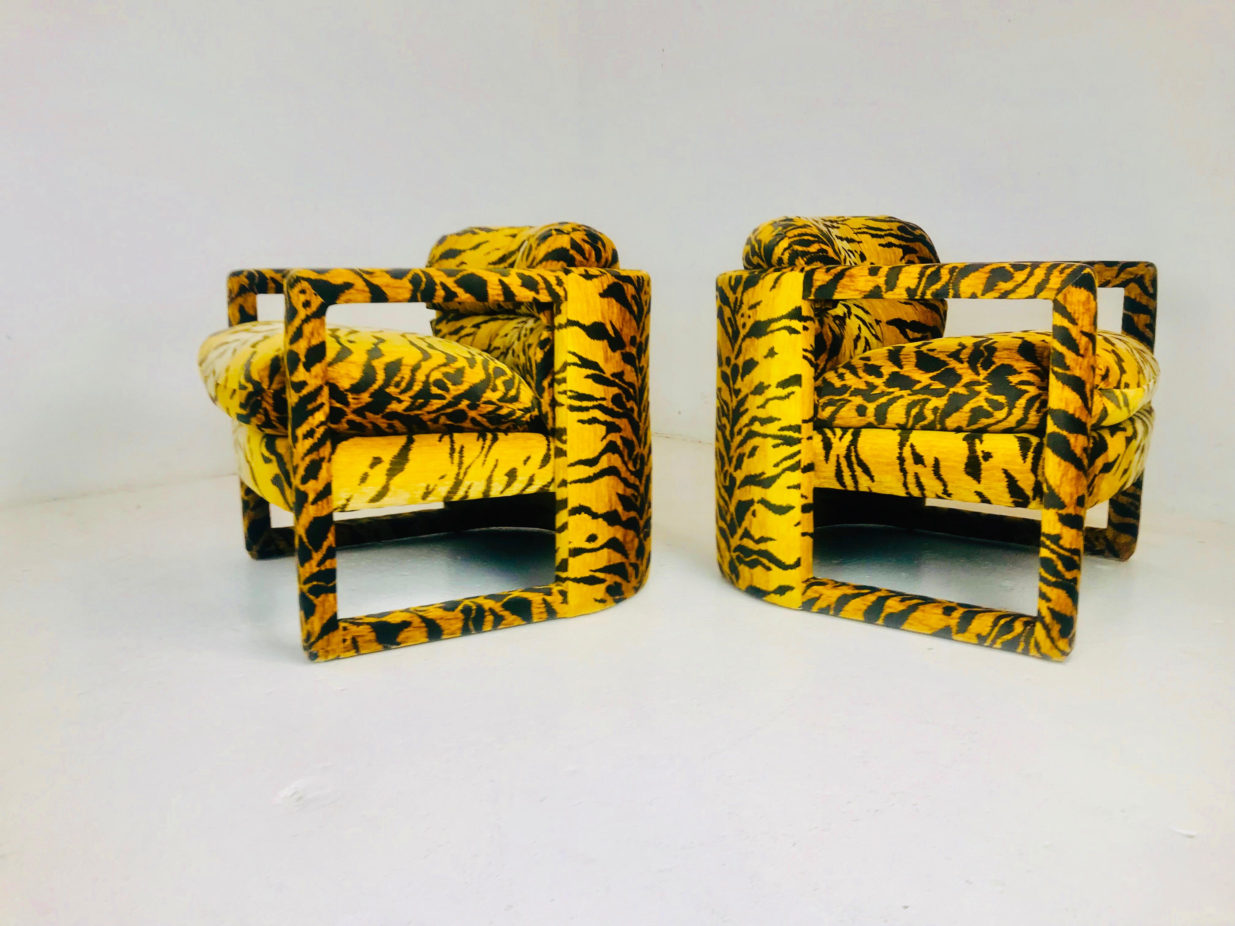 Pair of Custom Tiger Print Chairs in the Style of Milo Baughman For Sale 1