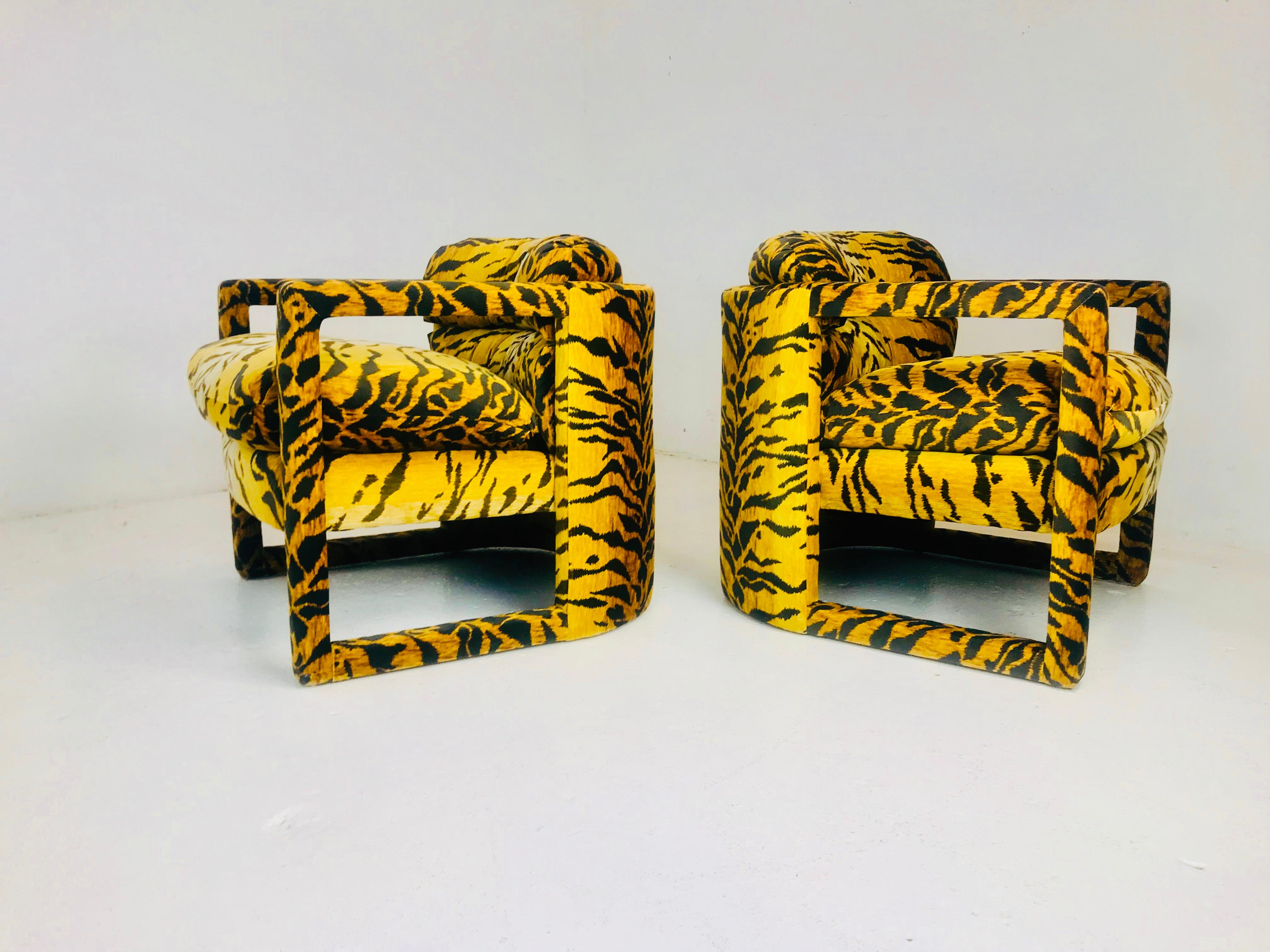 Pair of Custom Tiger Print Chairs in the Style of Milo Baughman For Sale 2