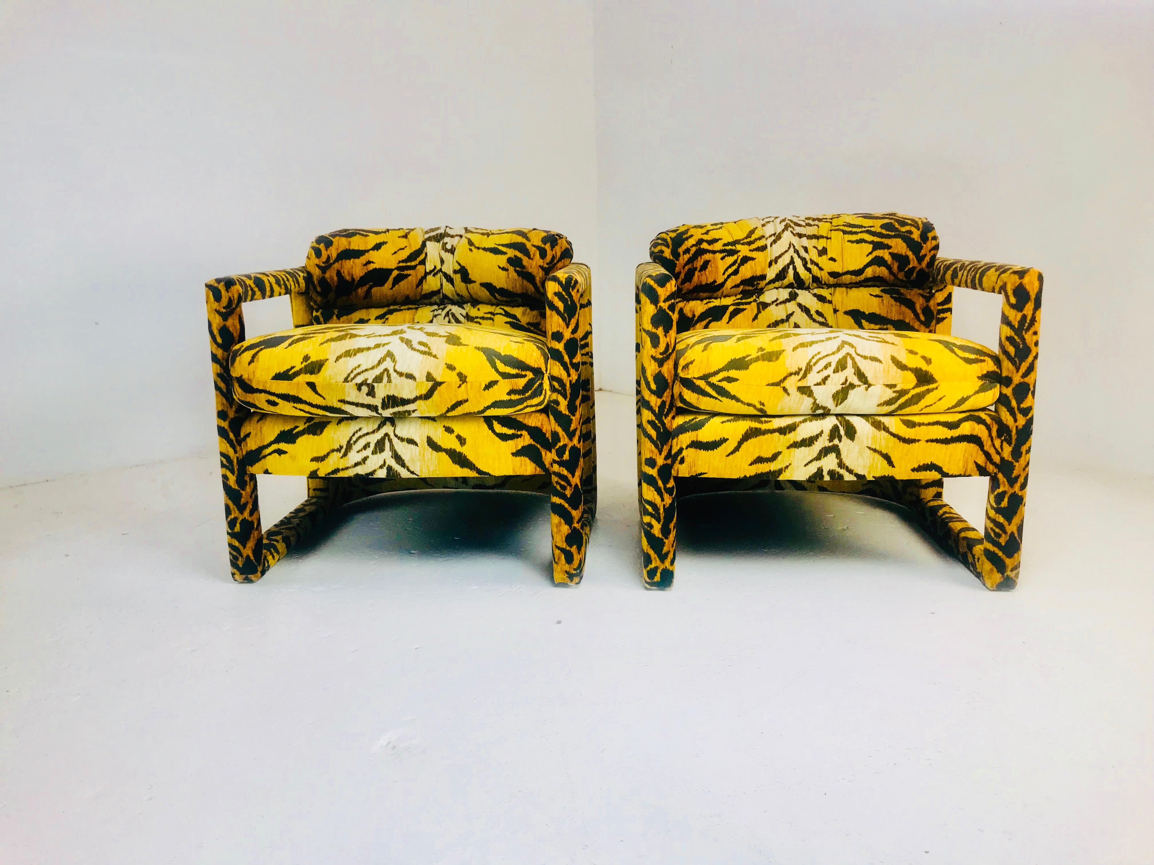 Pair of Custom Tiger Print Chairs in the Style of Milo Baughman For Sale 3