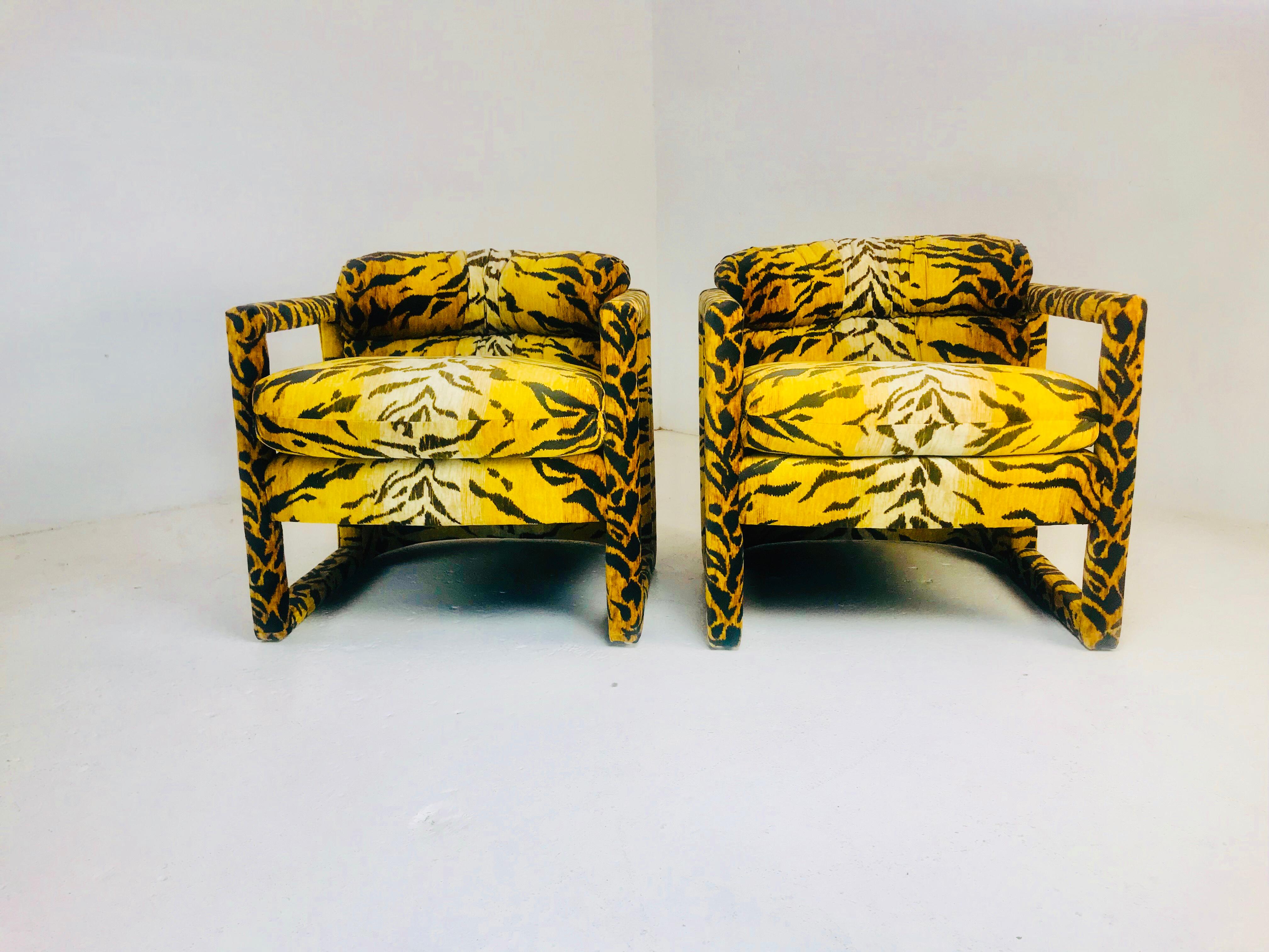 Pair of Custom Tiger Print Chairs in the Style of Milo Baughman For Sale 4