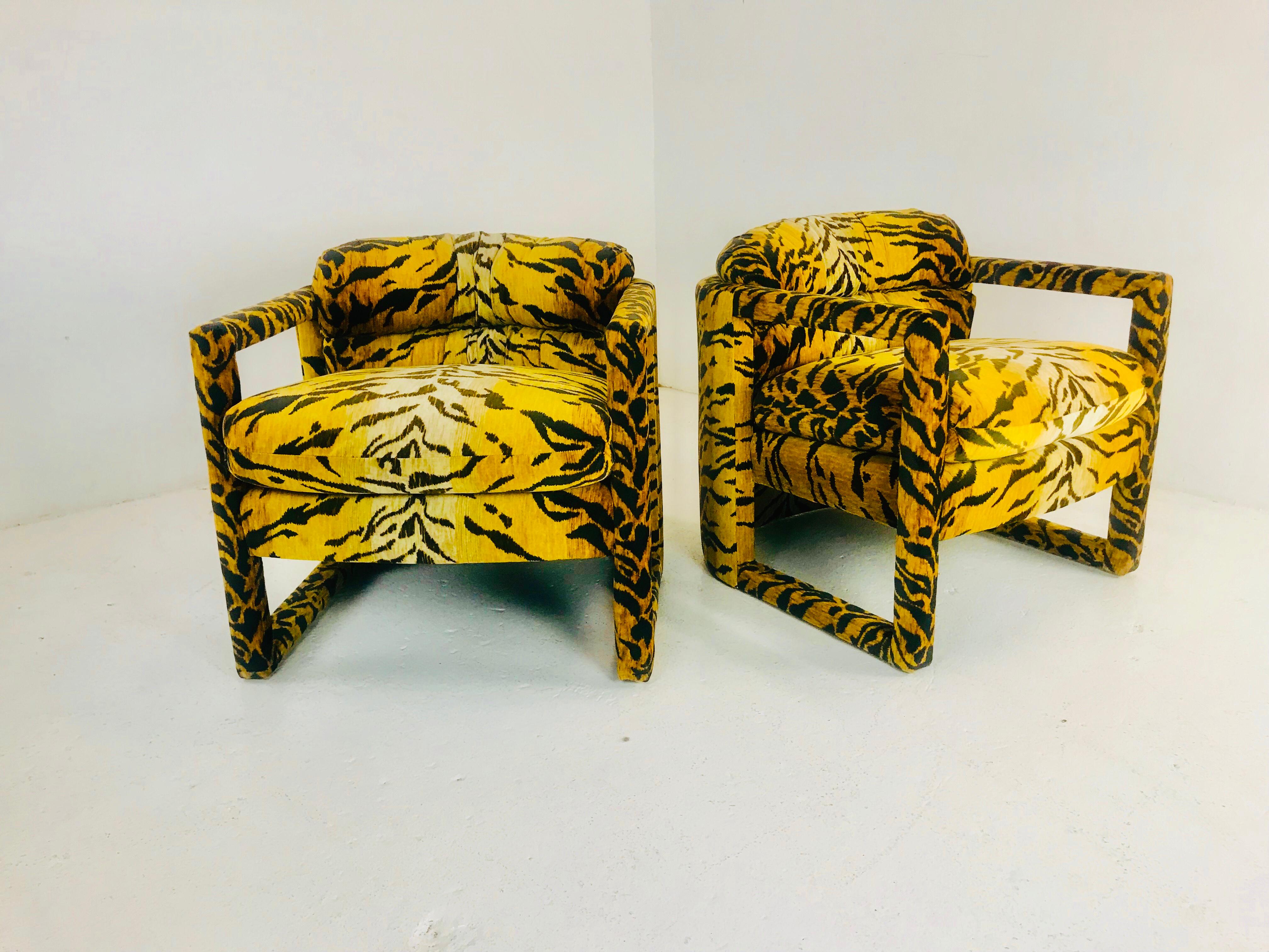 Mid-Century Modern Pair of Custom Tiger Print Chairs in the Style of Milo Baughman For Sale