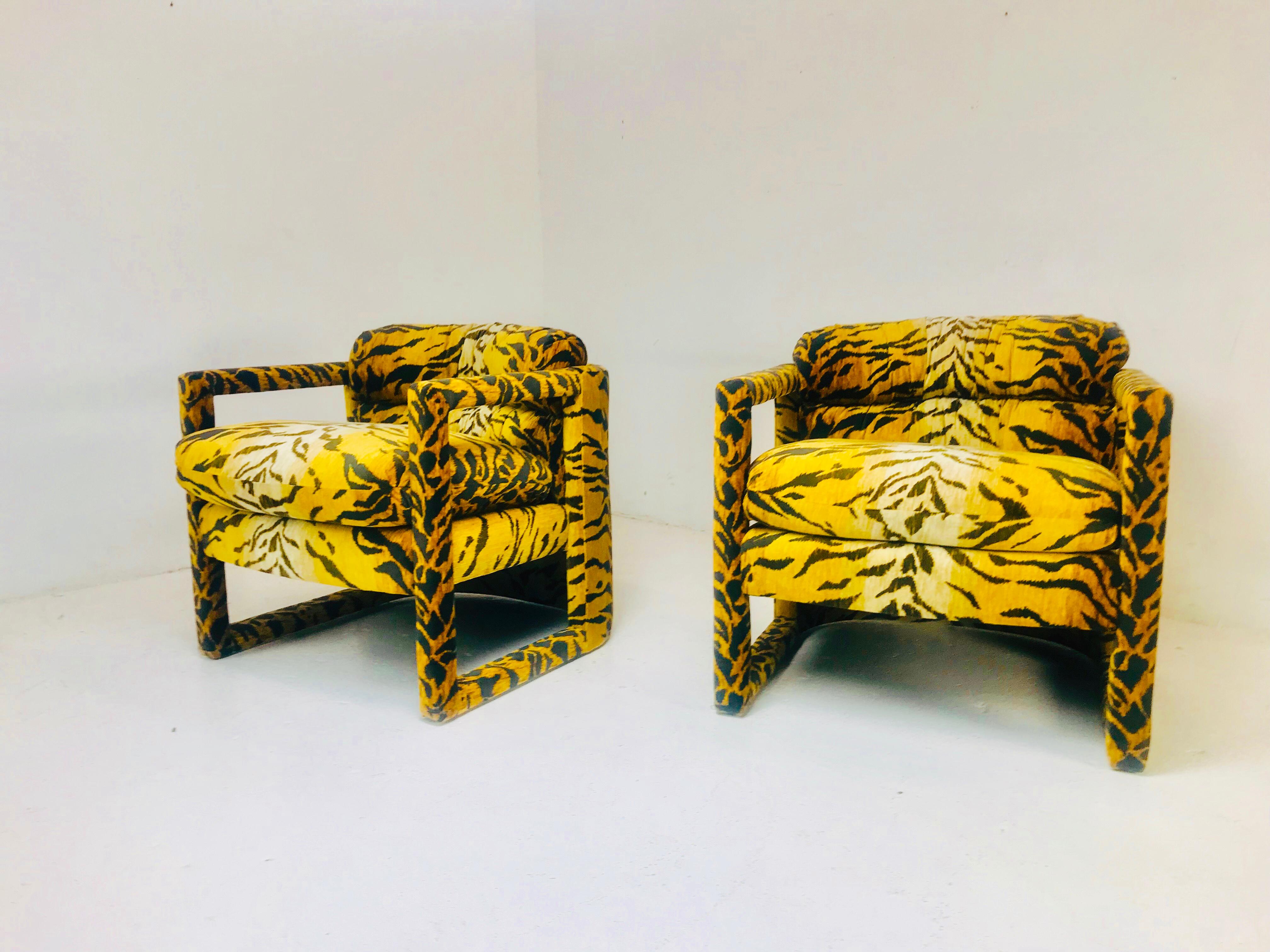 American Pair of Custom Tiger Print Chairs in the Style of Milo Baughman For Sale