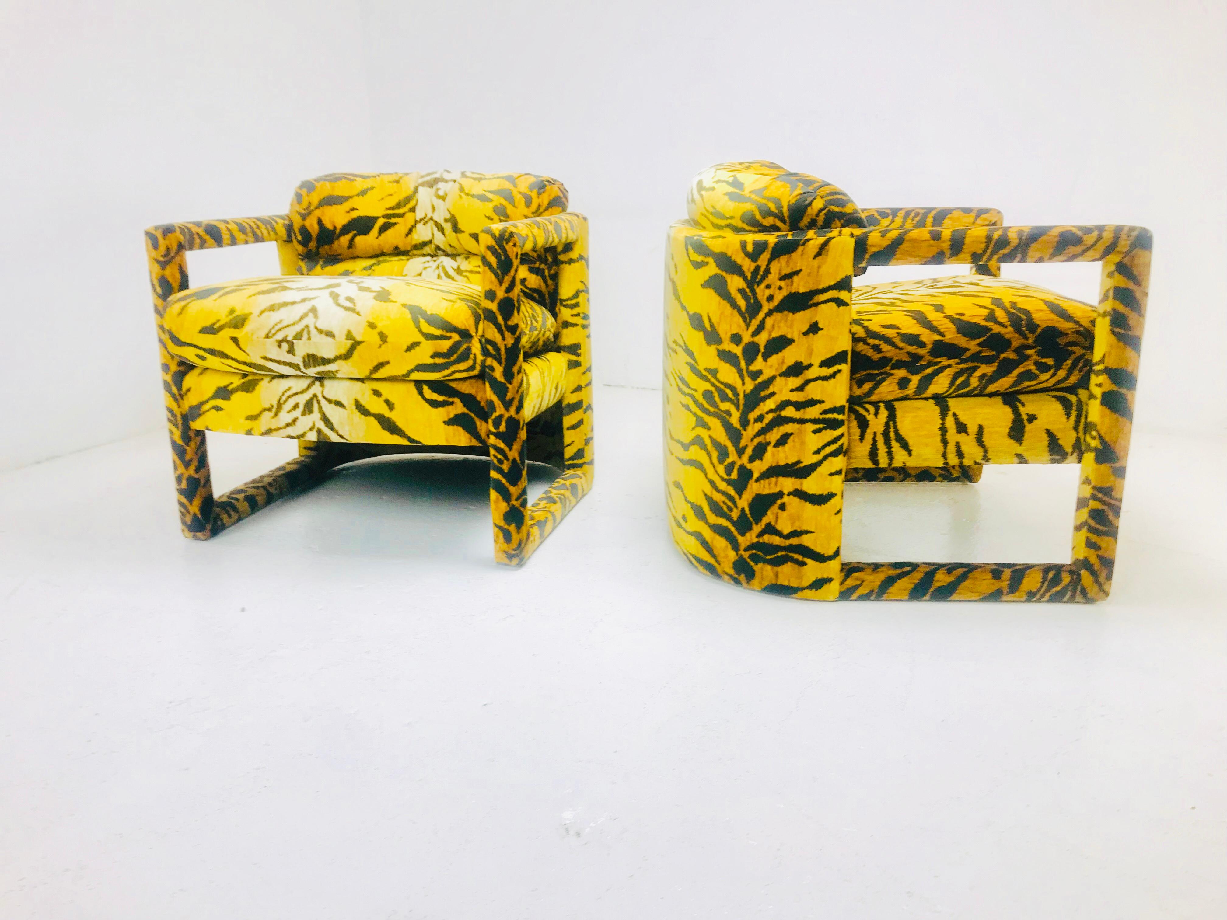 Contemporary Pair of Custom Tiger Print Chairs in the Style of Milo Baughman For Sale