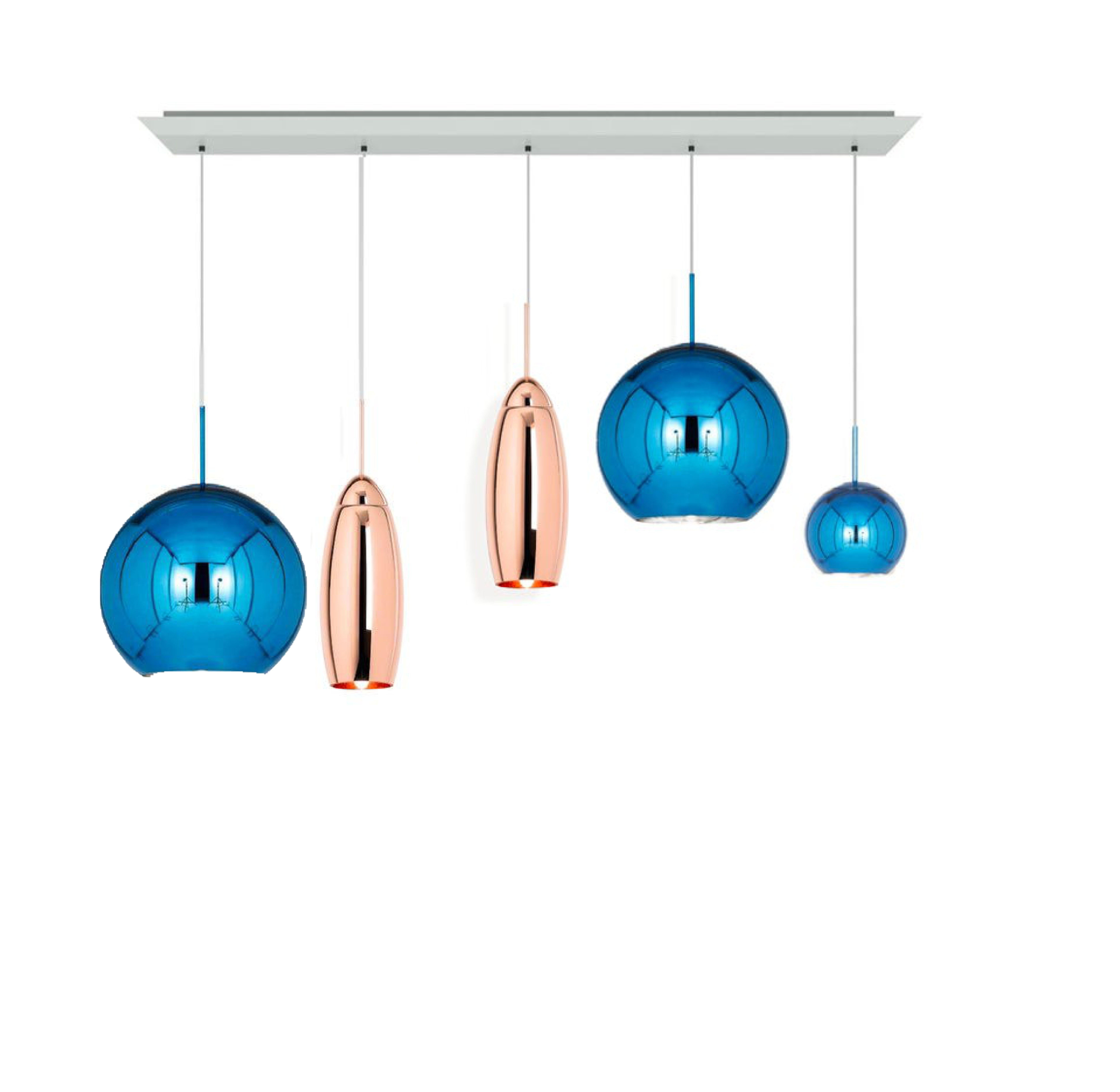 Custom Tom Dixon Linear pendant chandelier Set of 5, Copper and Blue. All pendants new in box. Ceiling pendant also new in box. 2 Blue Copper 45 cm, 1 Blue Copper 25 cm, 2 tall Copper, 5-hole linear pendant. All of the pendants are new-in-box and