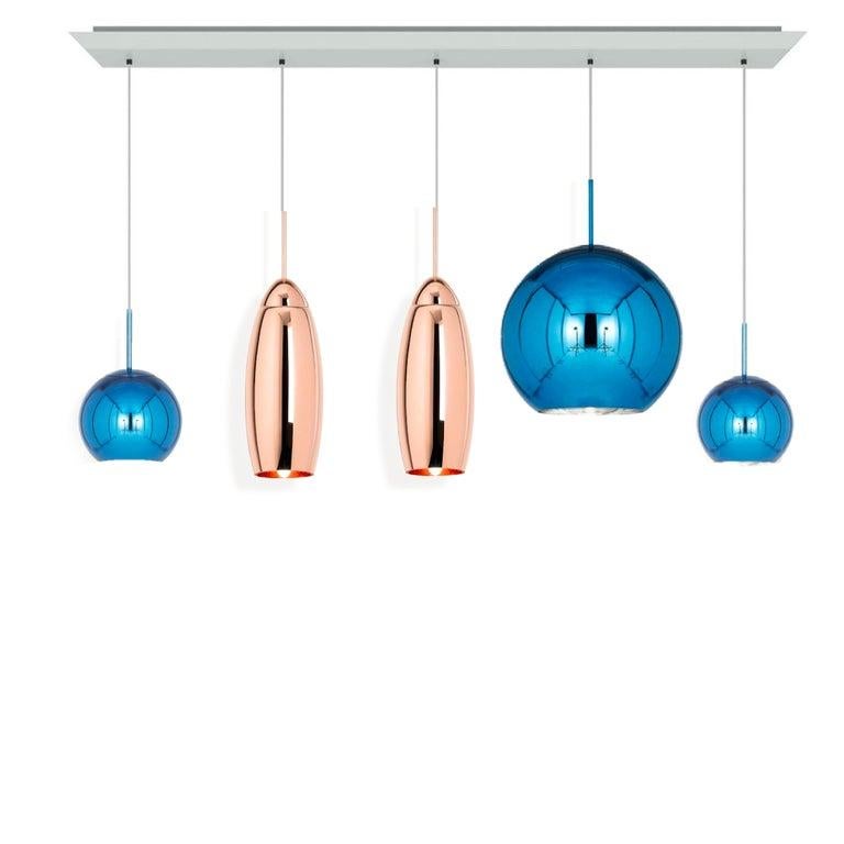 Organic Modern Custom Tom Dixon Linear Pendant Chandelier Set of 5, Copper and Blue For Sale