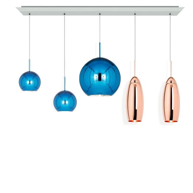 English Custom Tom Dixon Linear Pendant Chandelier Set of 5, Copper and Blue For Sale