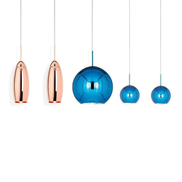 Contemporary Custom Tom Dixon Linear Pendant Chandelier Set of 5, Copper and Blue For Sale