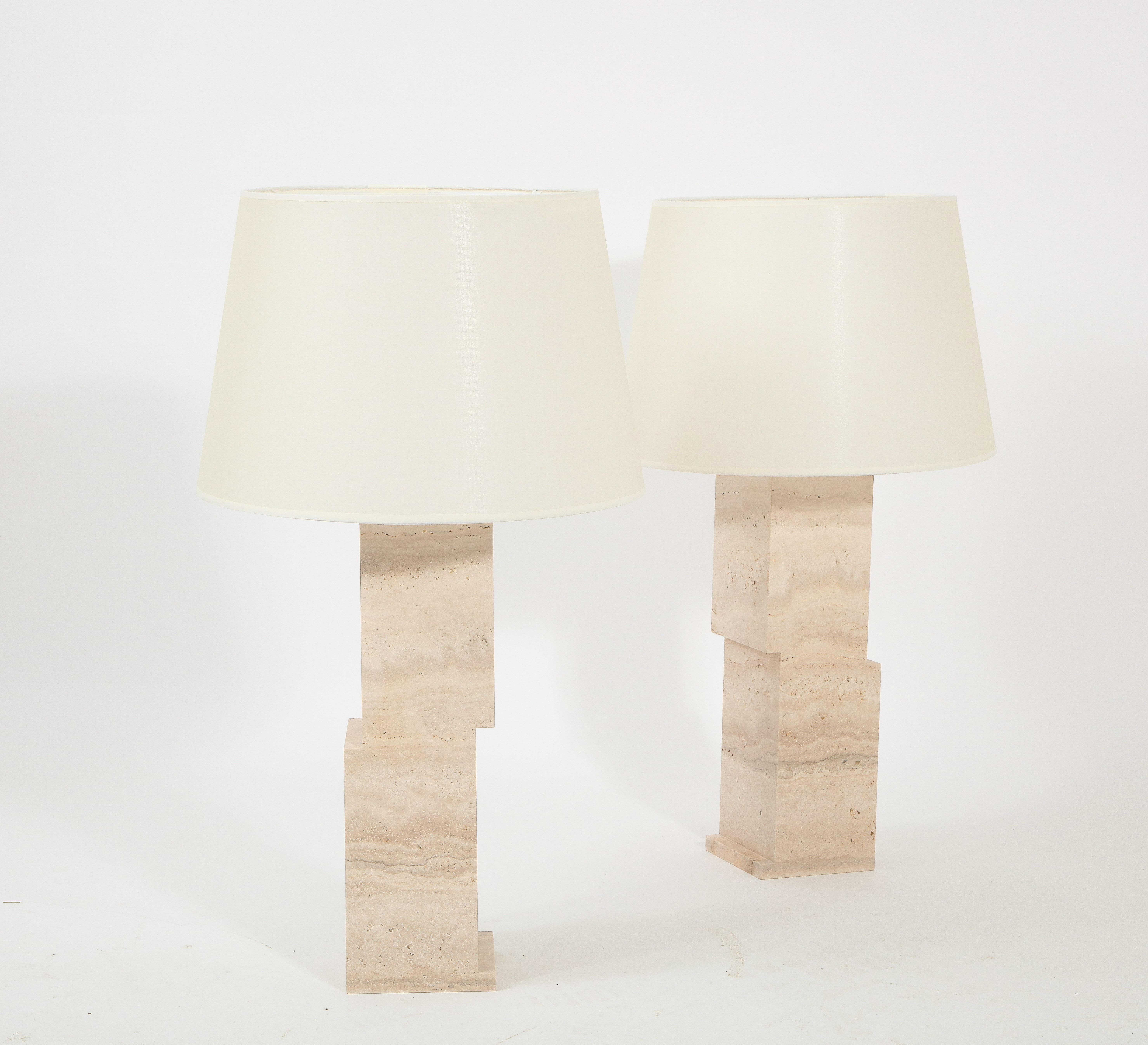 Pair of Custom Brutalist Modernist Travertine Lamps, USA 2023 For Sale 3
