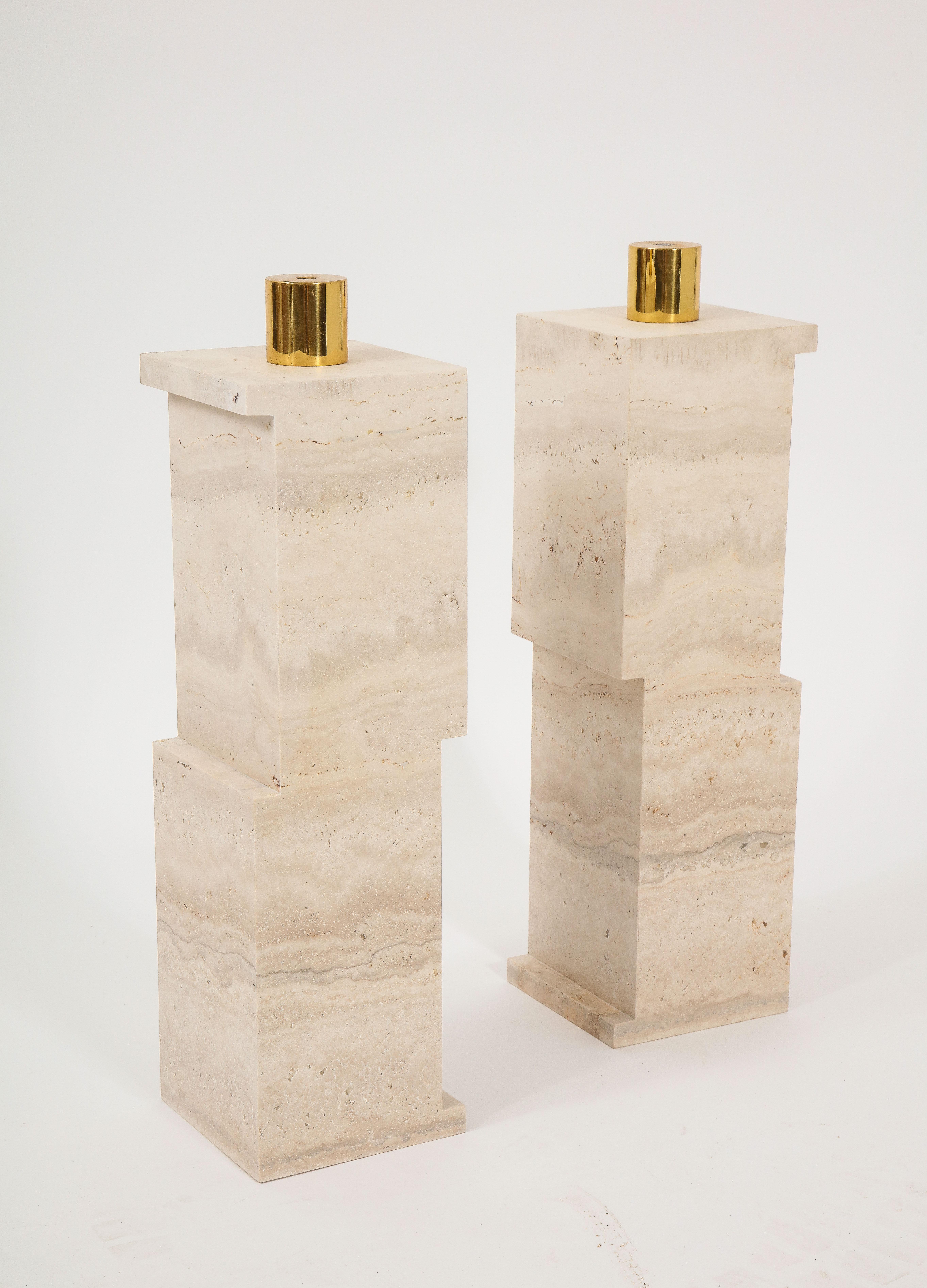 Pair of Custom Brutalist Modernist Travertine Lamps, USA 2023 For Sale 5