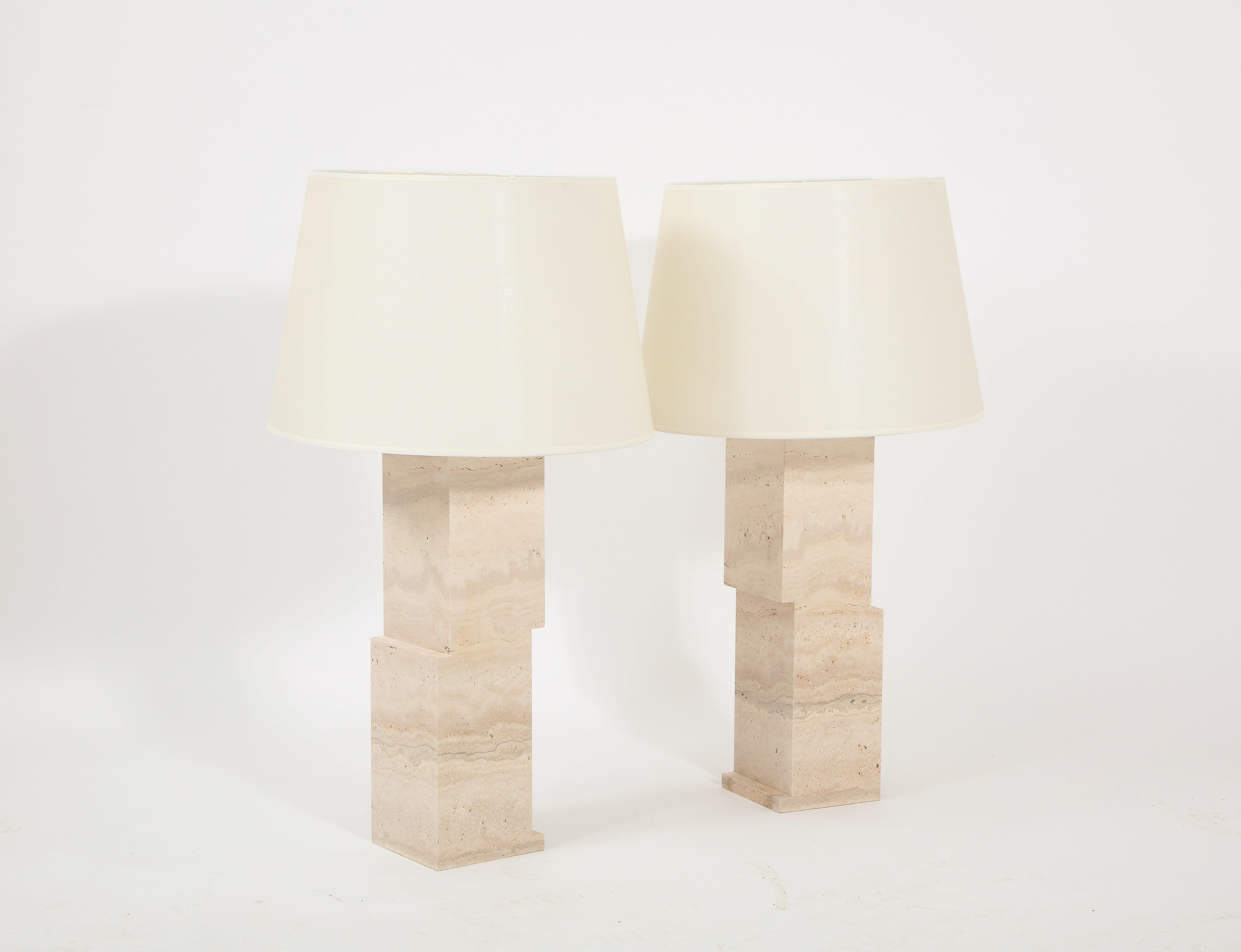 Bronze Pair of Custom Brutalist Modernist Travertine Lamps, USA 2023 For Sale