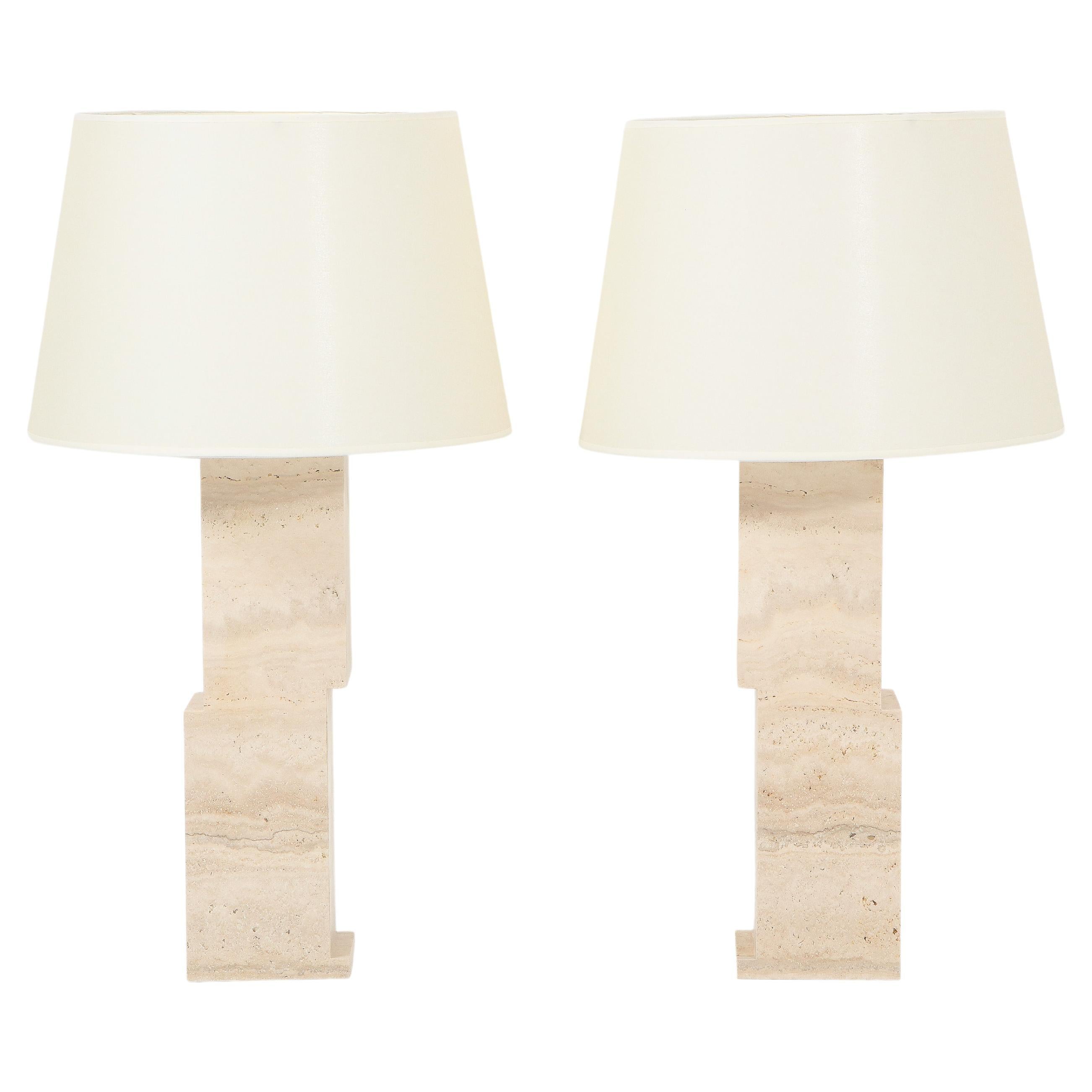 Pair of Custom Brutalist Modernist Travertine Lamps, USA 2023 For Sale