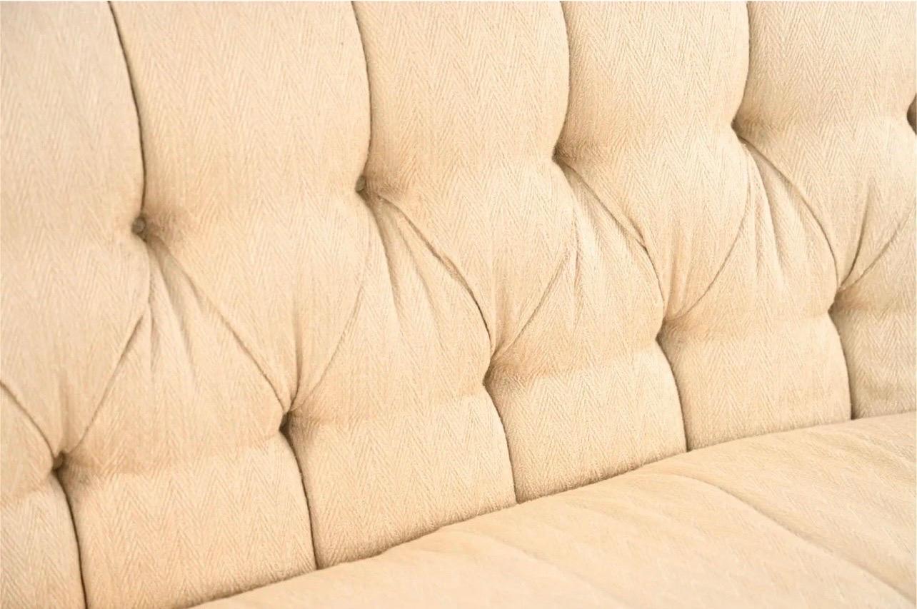 American Custom Tufted and Skirted Chesterfield Sofa in Chevron Woven Fabric
