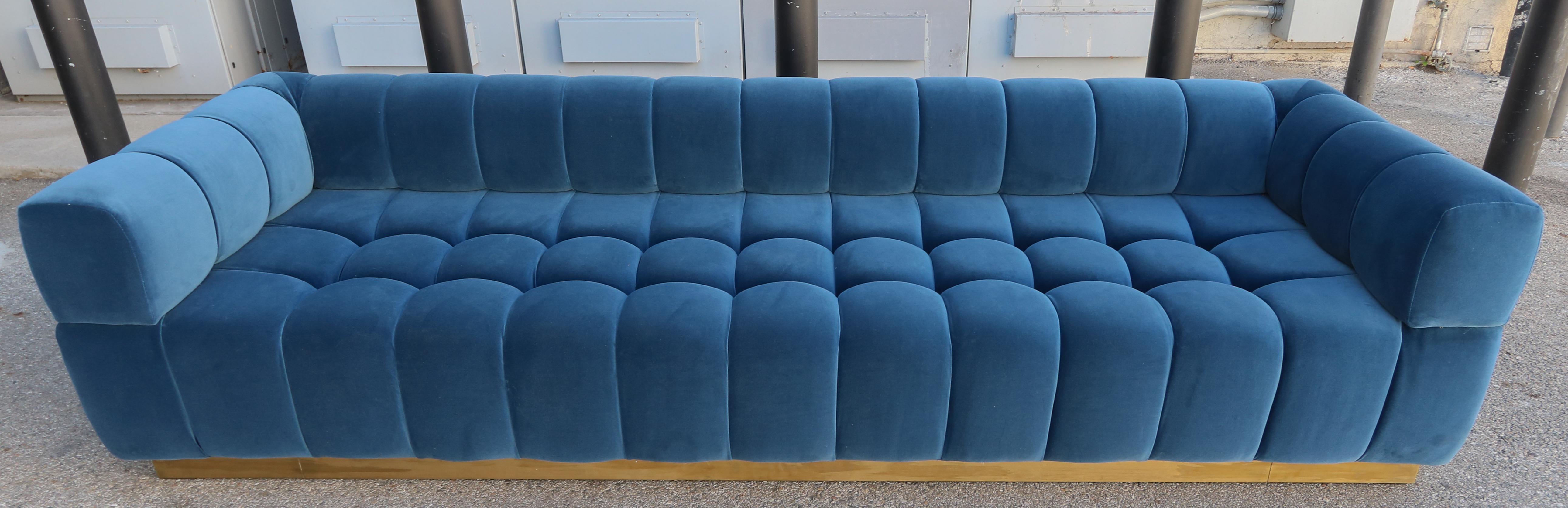 Custom Tufted Blue Velvet Sofa with Brass Base by Adesso Imports For Sale 1