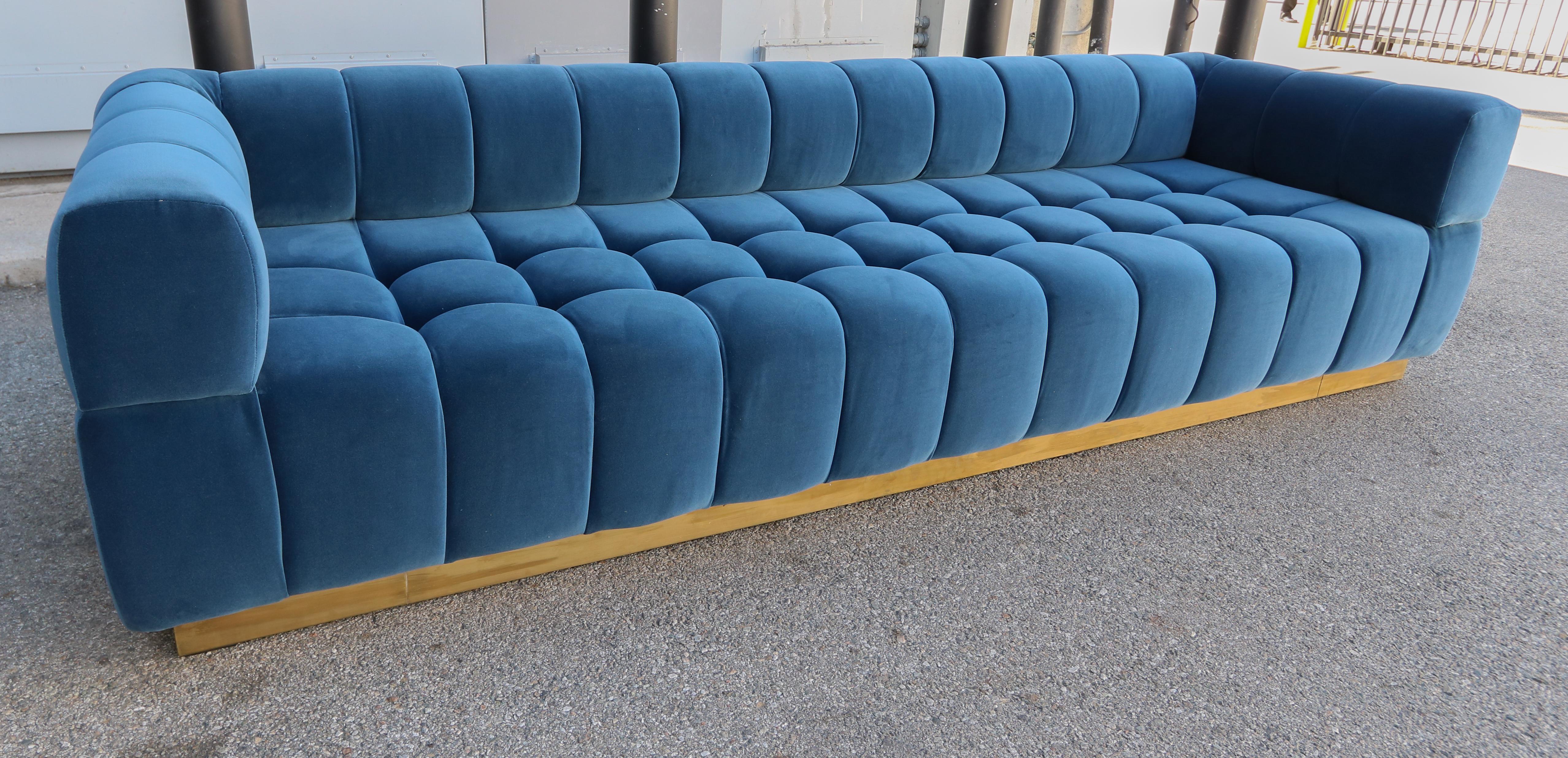 Custom Tufted Blue Velvet Sofa with Brass Base by Adesso Imports For Sale 2