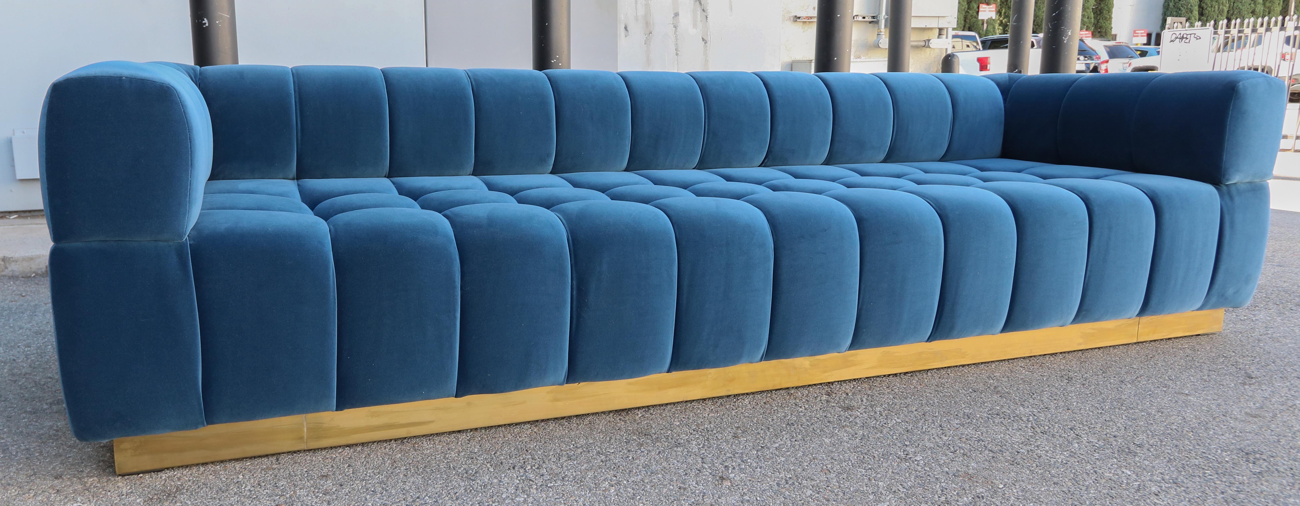 Custom Tufted Blue Velvet Sofa with Brass Base by Adesso Imports For Sale 3