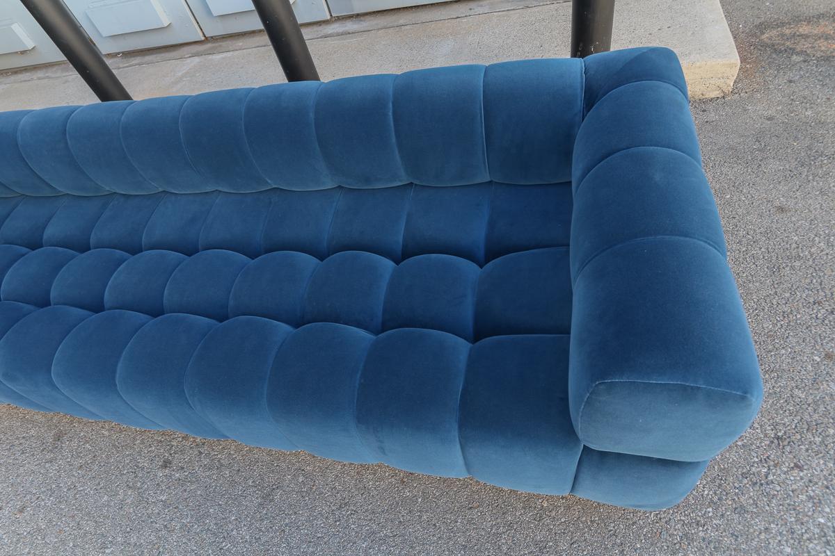 customized blue velvet mid century sofa