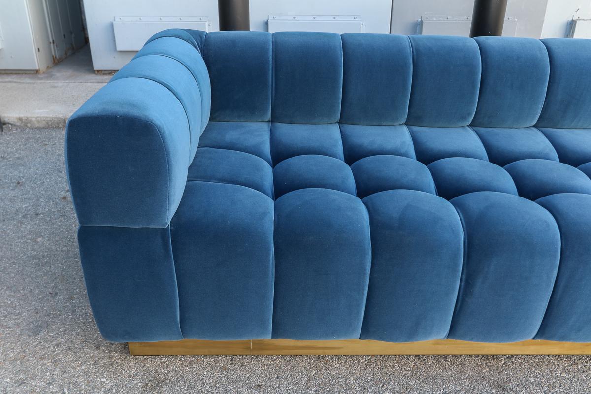 Mid-Century Modern Custom Tufted Blue Velvet Sofa with Brass Base by Adesso Imports For Sale